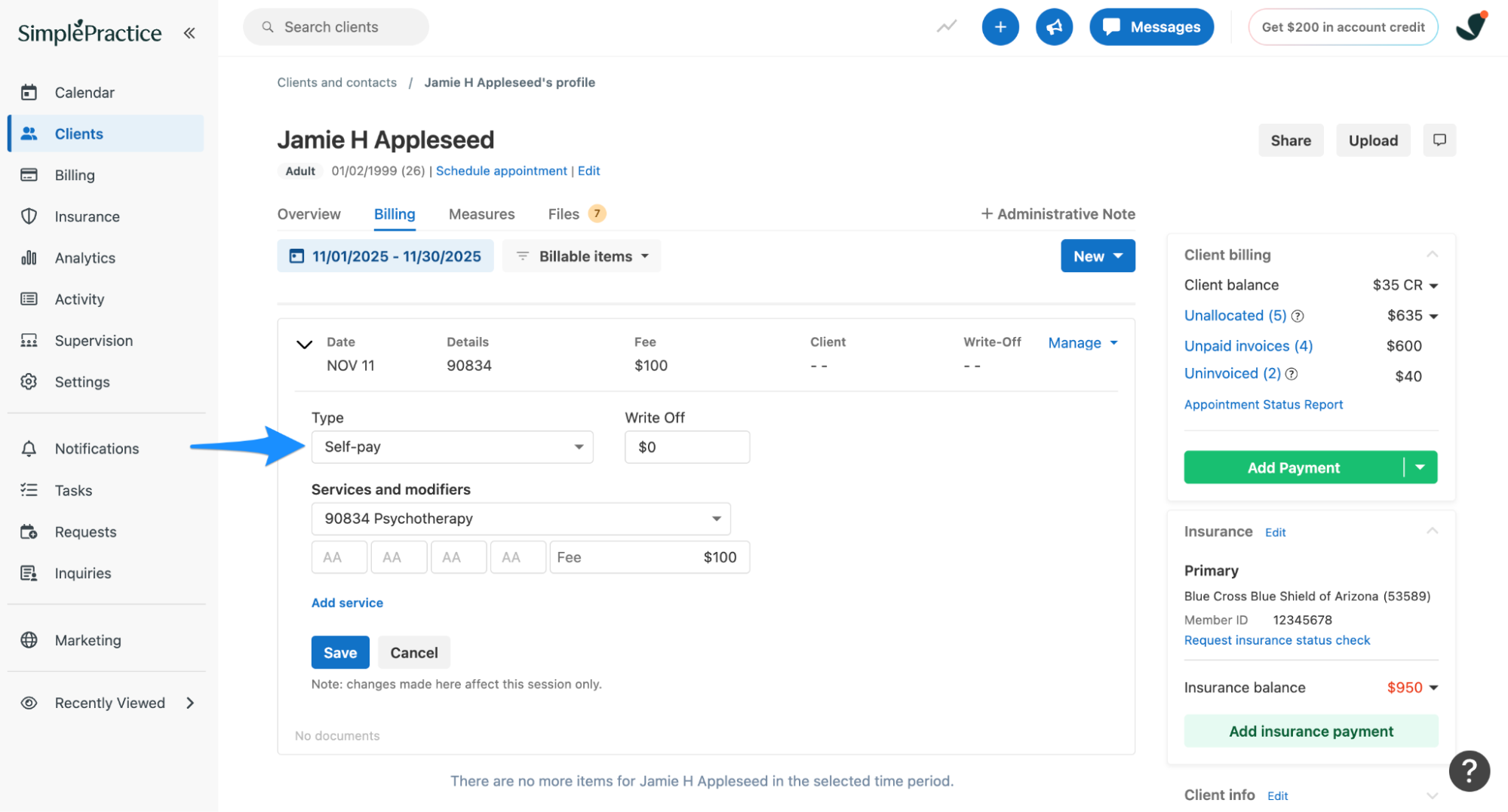 Billing details set to Self-Pay