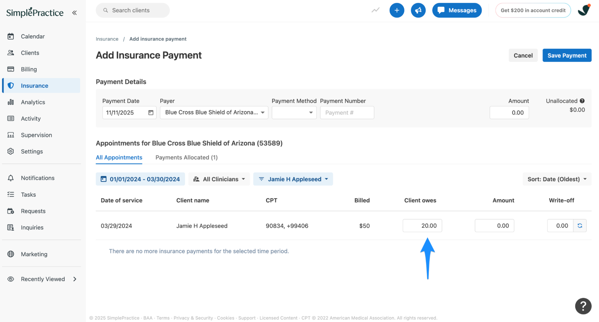 Client Owes field showing contracted amount