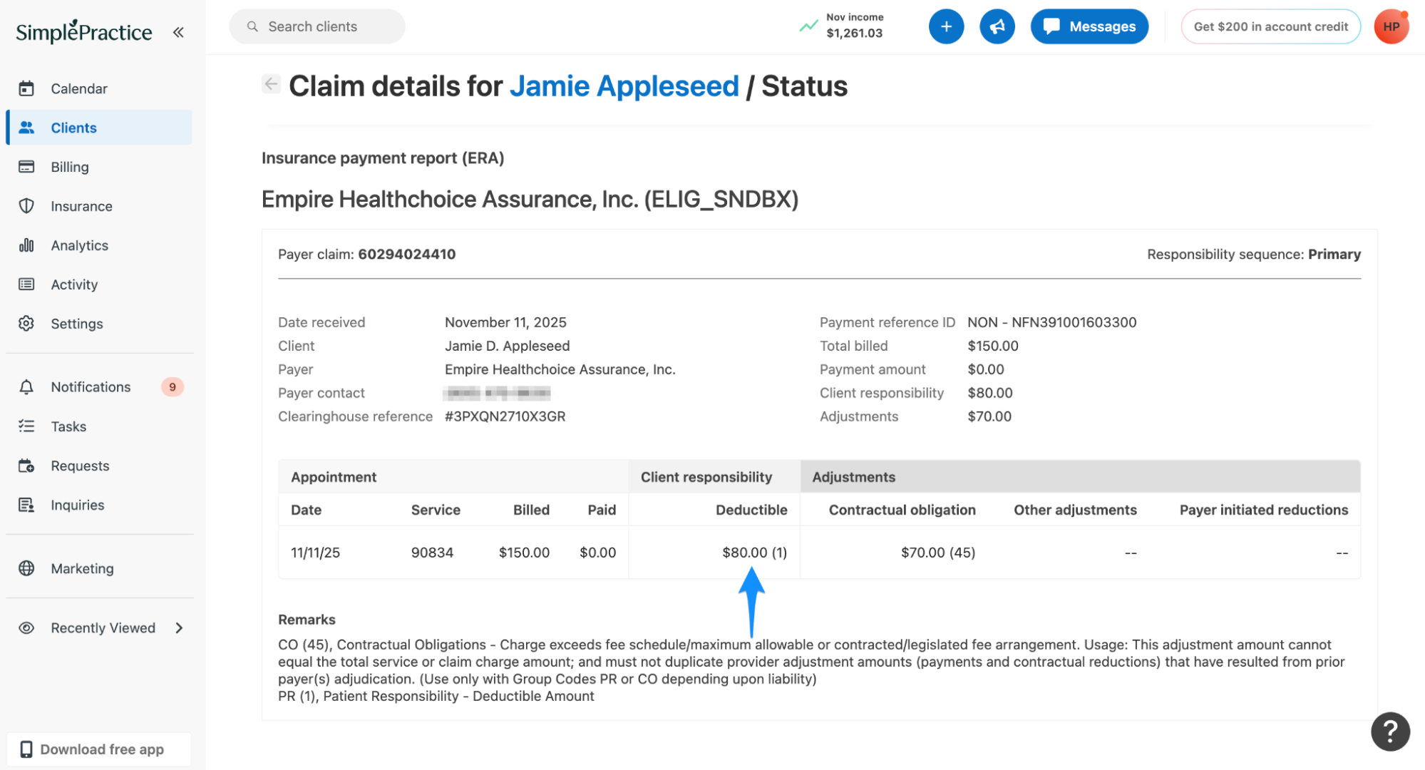Payment Report showing deductible applied