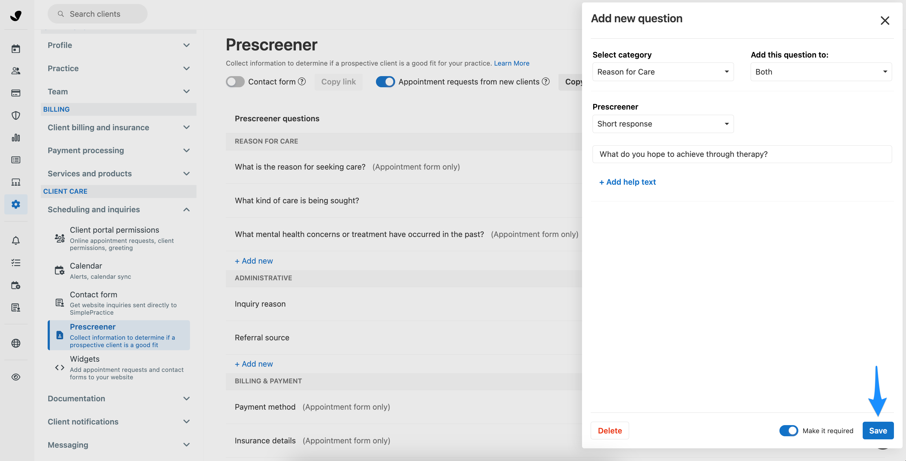 Save button for custom prescreener questions