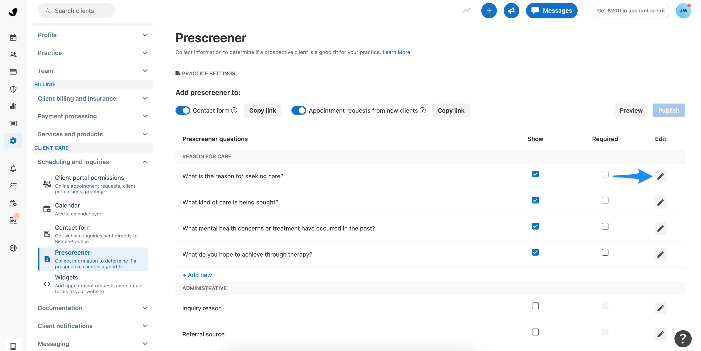 Edit icon for a prescreener question