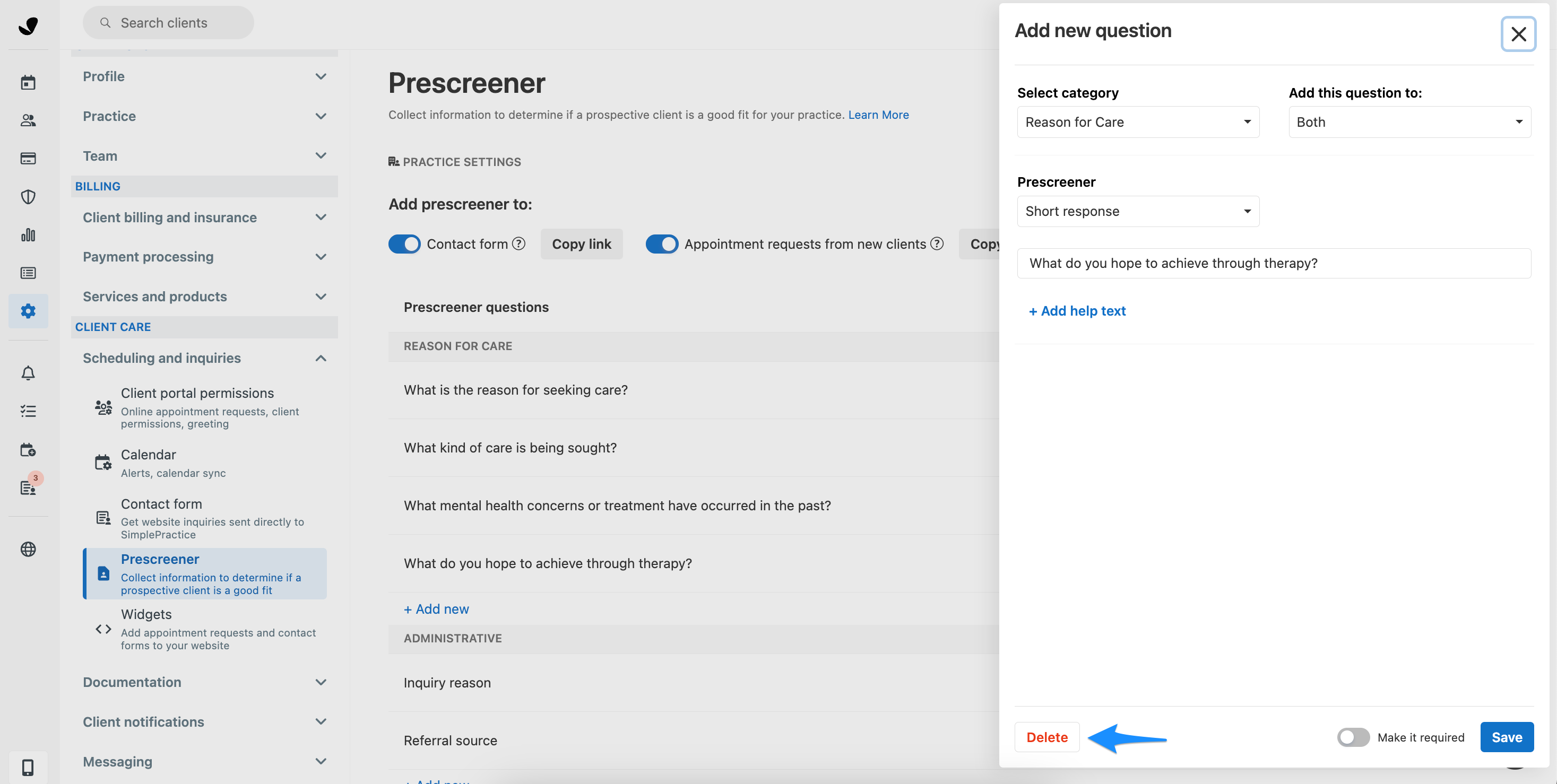 Delete option for a prescreener question