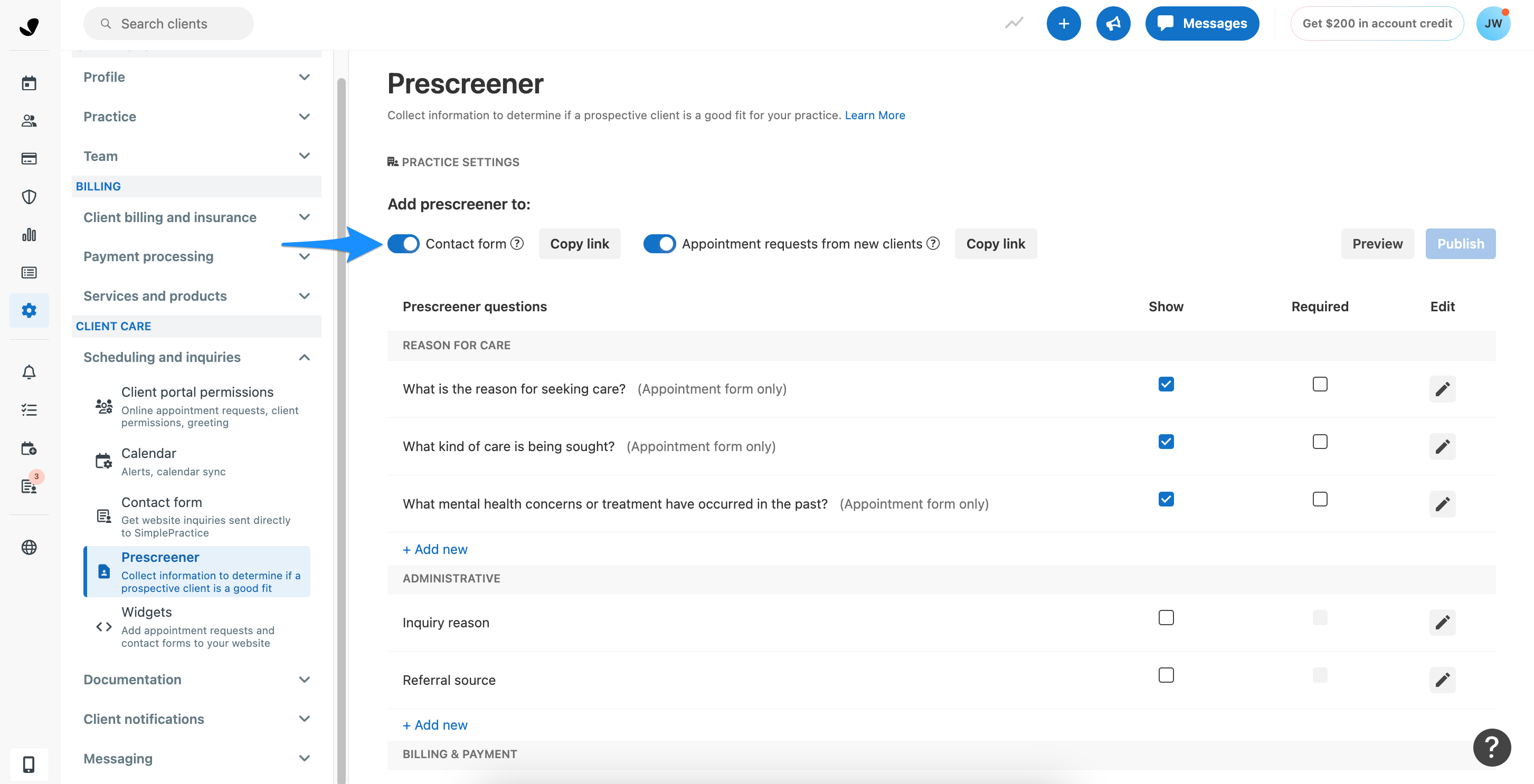 Prescreener settings showing toggles for Contact form and Appointment requests