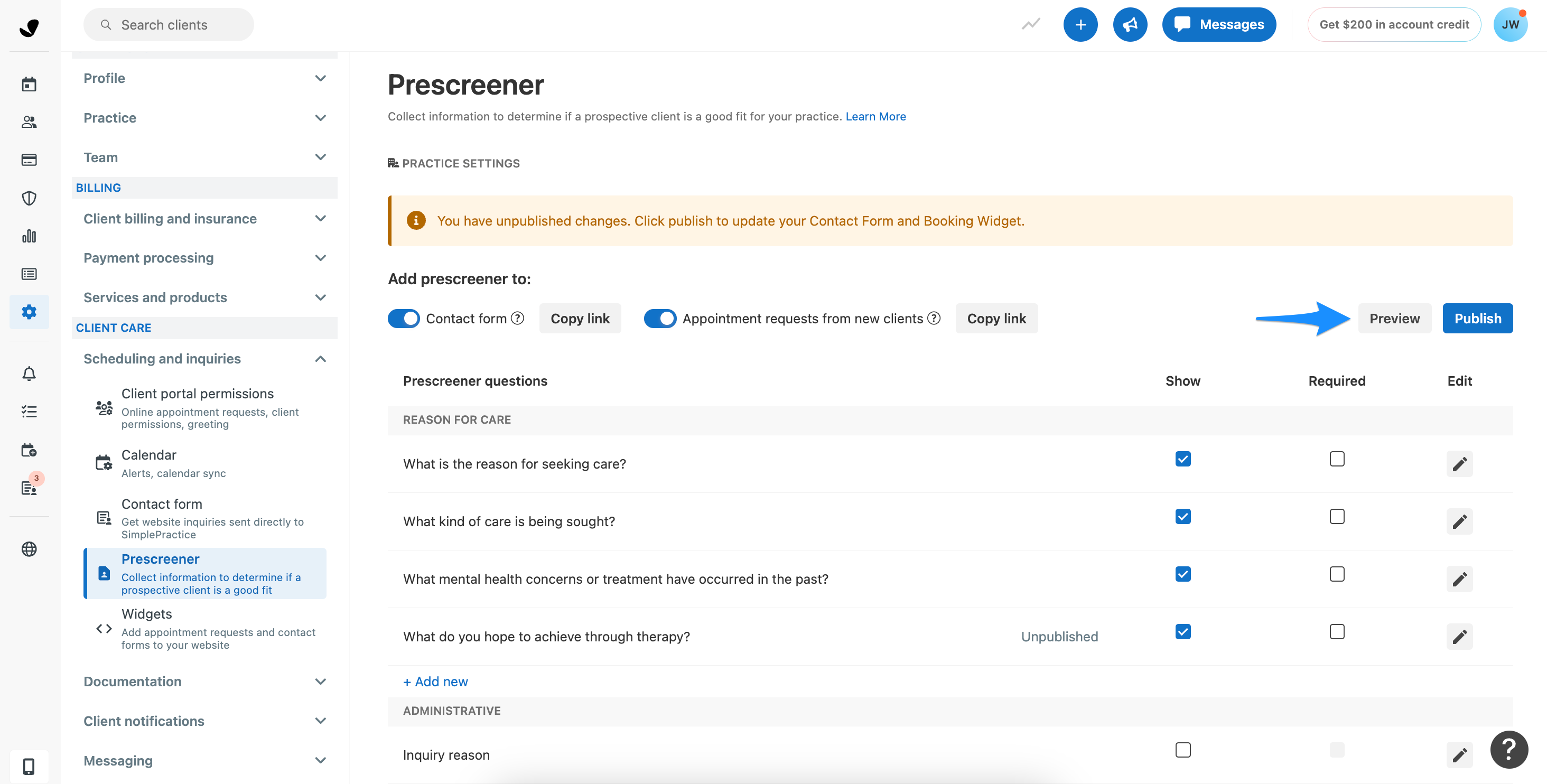 Preview button in Prescreener settings