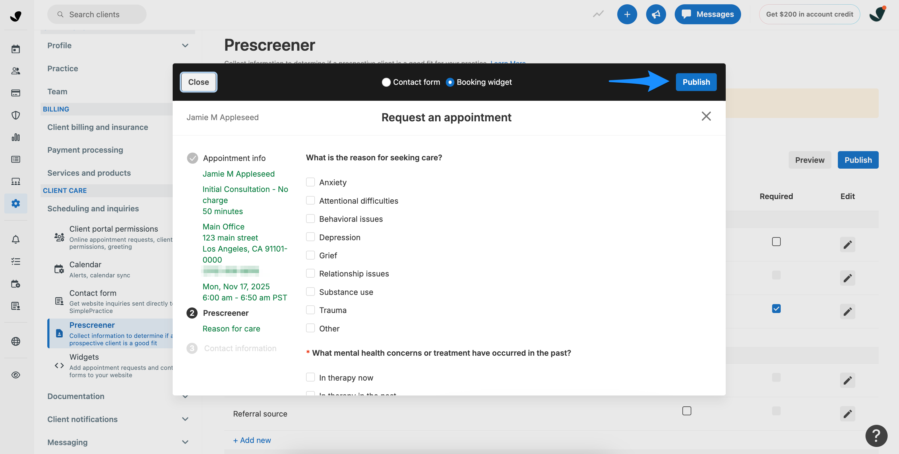 Publish option from the prescreener preview