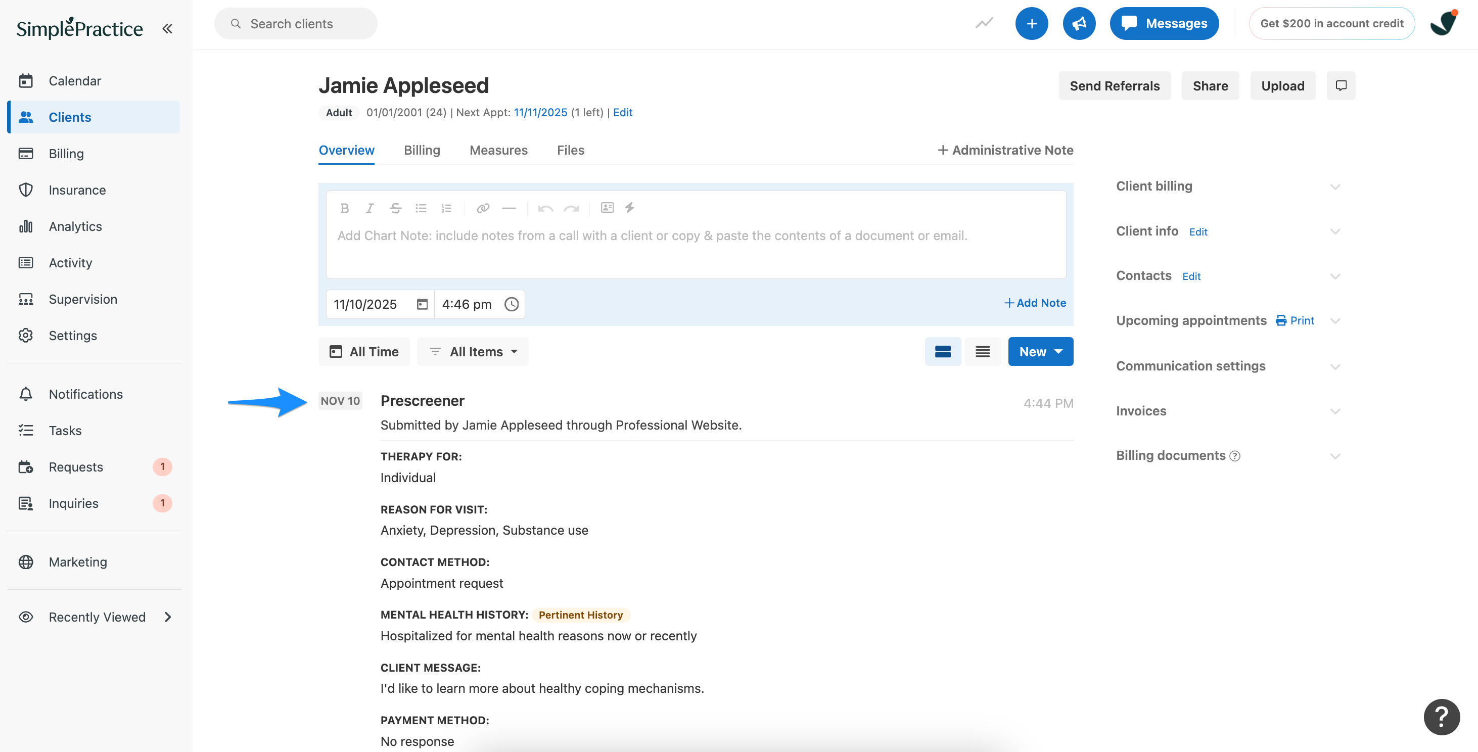 Prescreener responses on the client Overview page