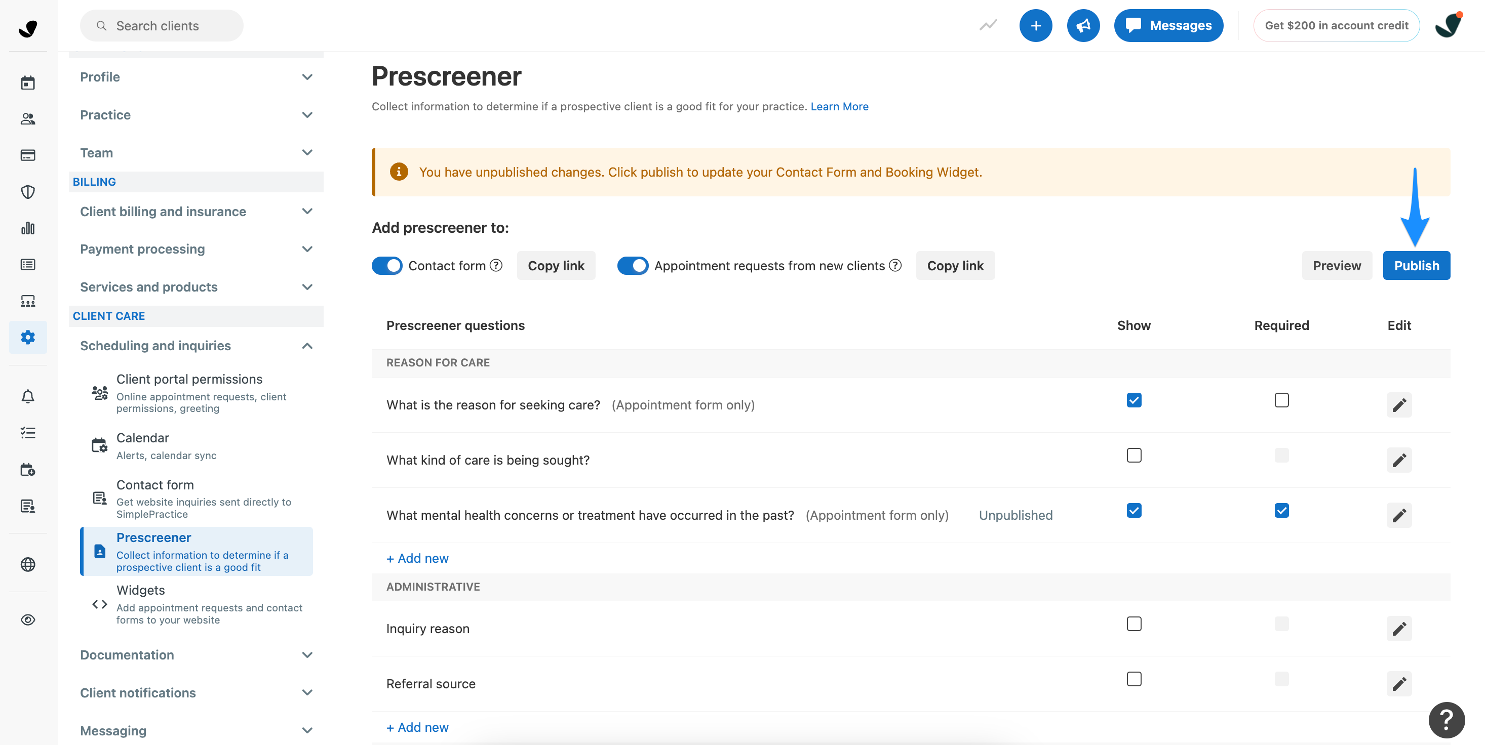 Publish button in Prescreener settings