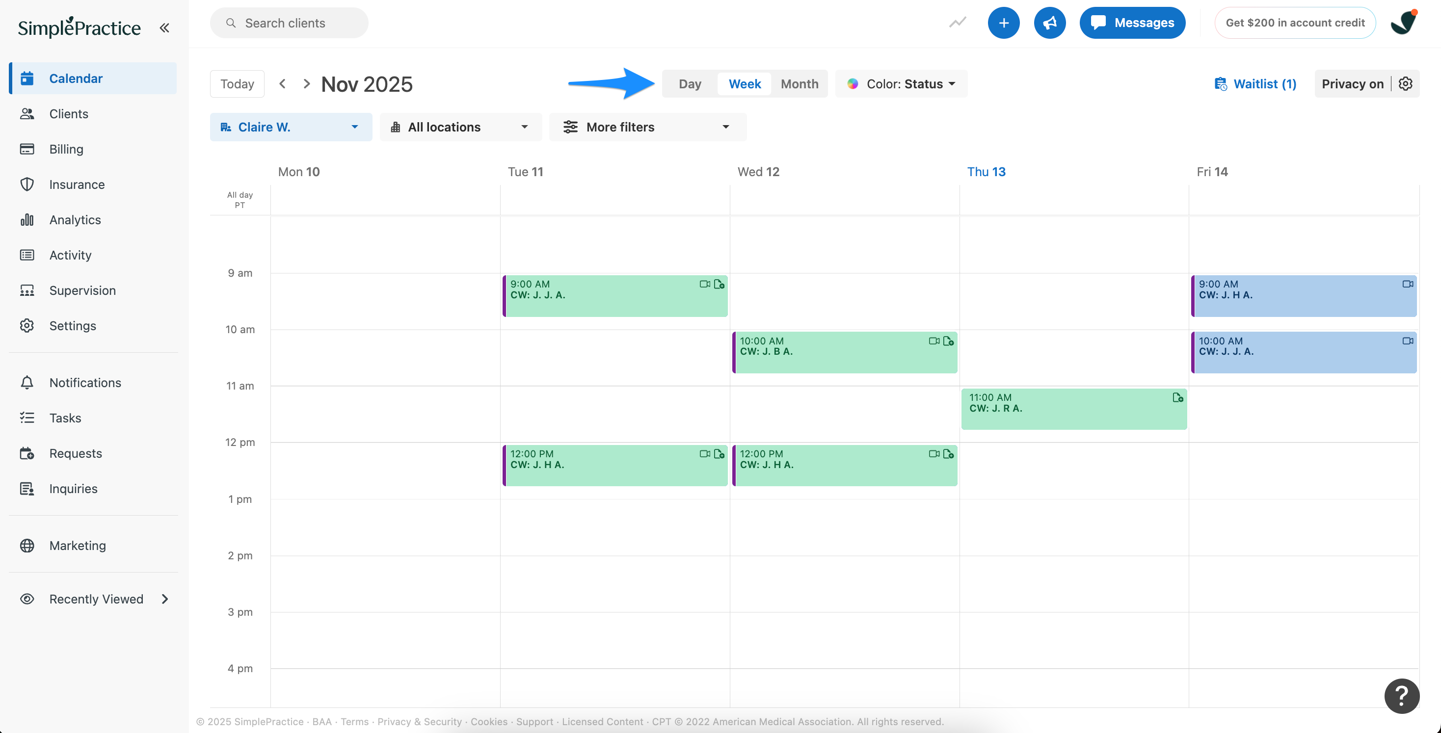 Calendar view toggle showing Day, Week, and Month options