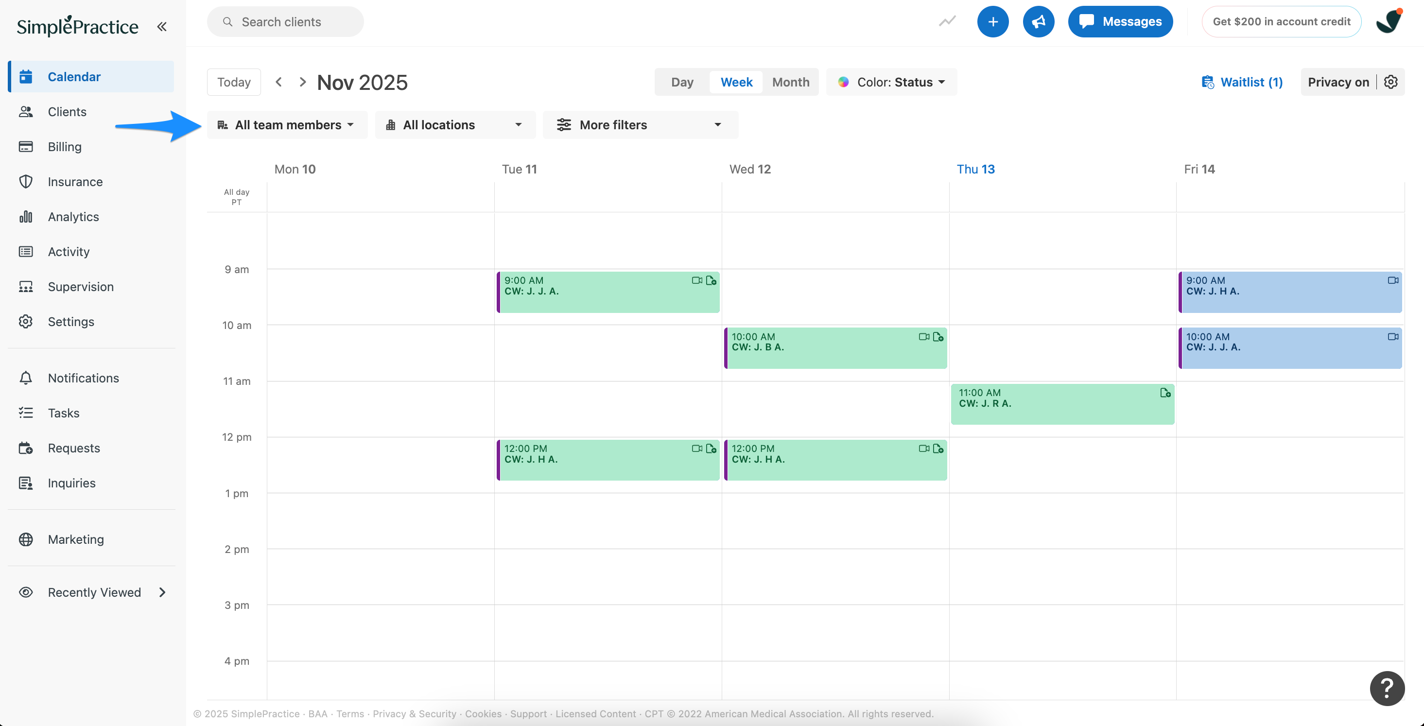 All team members dropdown menu on the calendar
