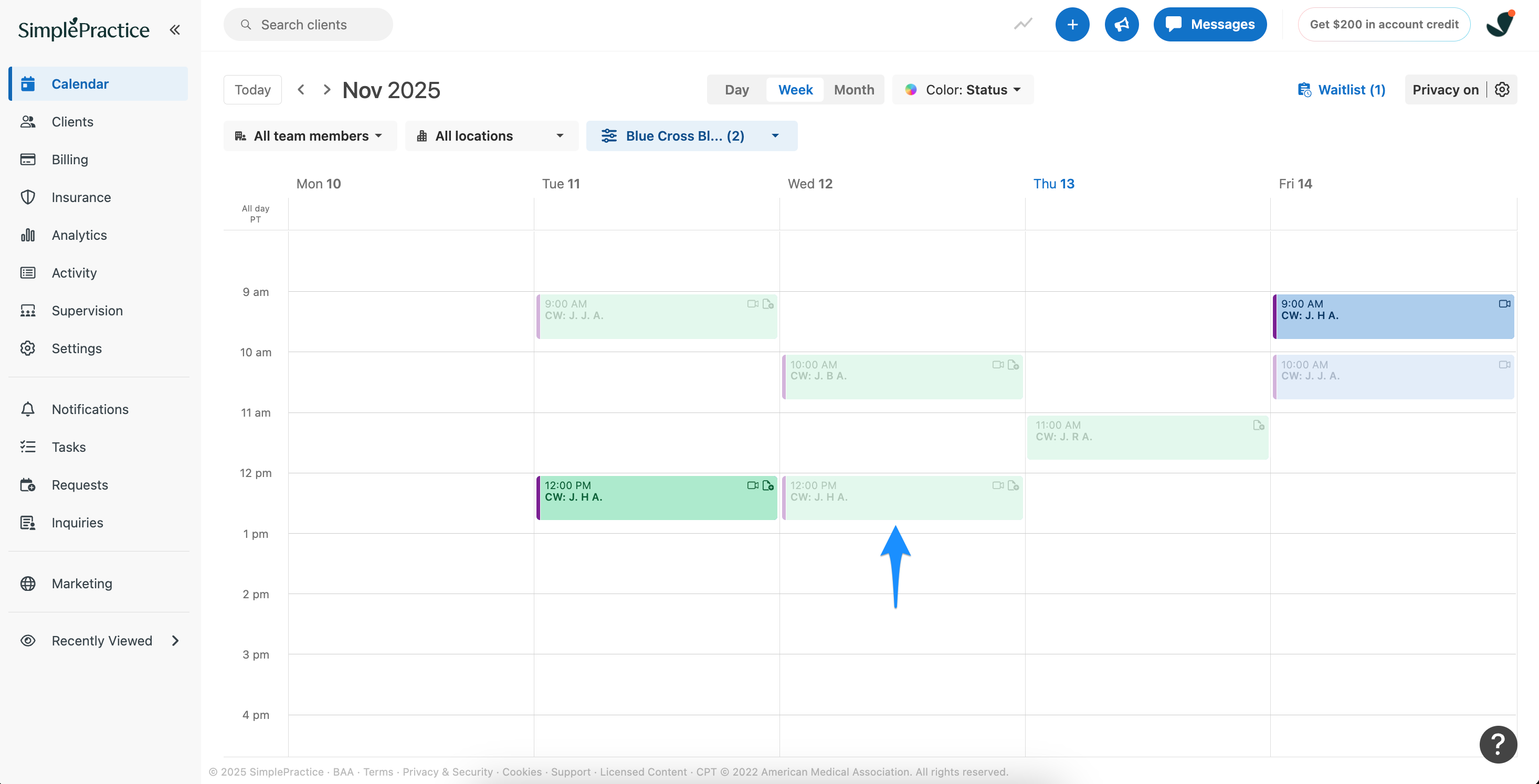 Calendar showing highlighted appointments that match a filter and grayed out appointments that do not