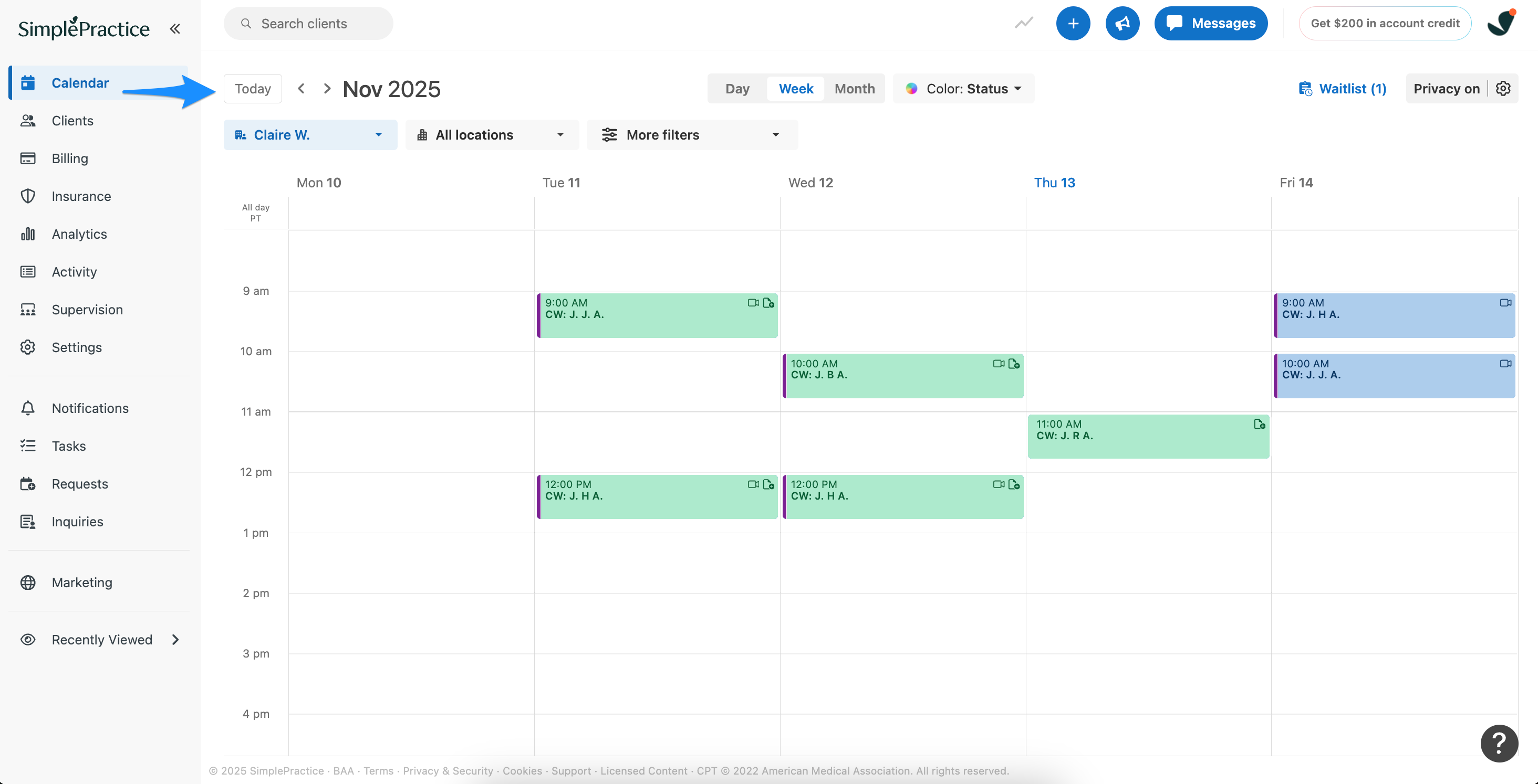 Calendar navigation controls highlighting the Today button and left/right arrows