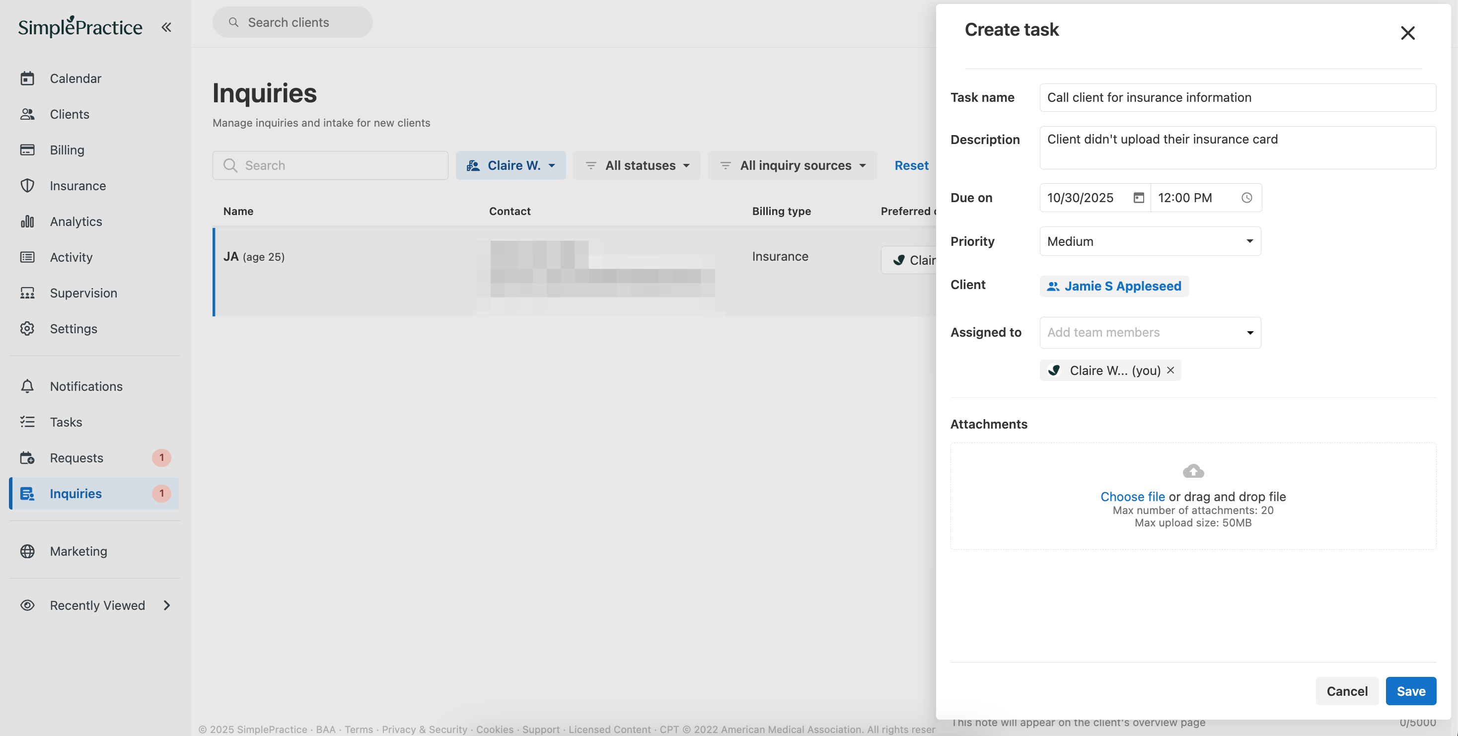 Task creation flyout showing fields for name, description, due date, priority, assignee, and attachments