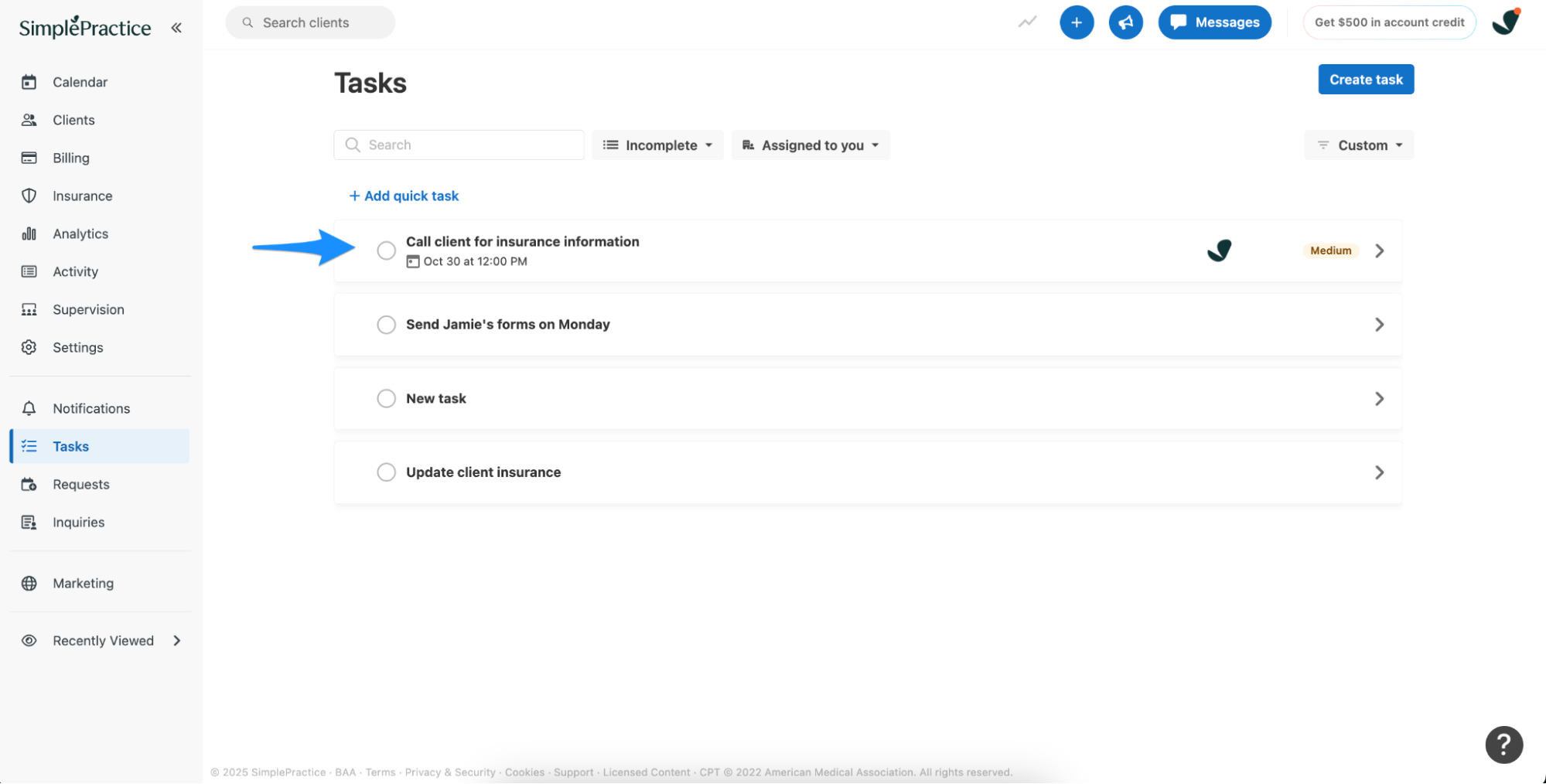 Tasks page showing the Tasks tab in the left navigation and a list of tasks