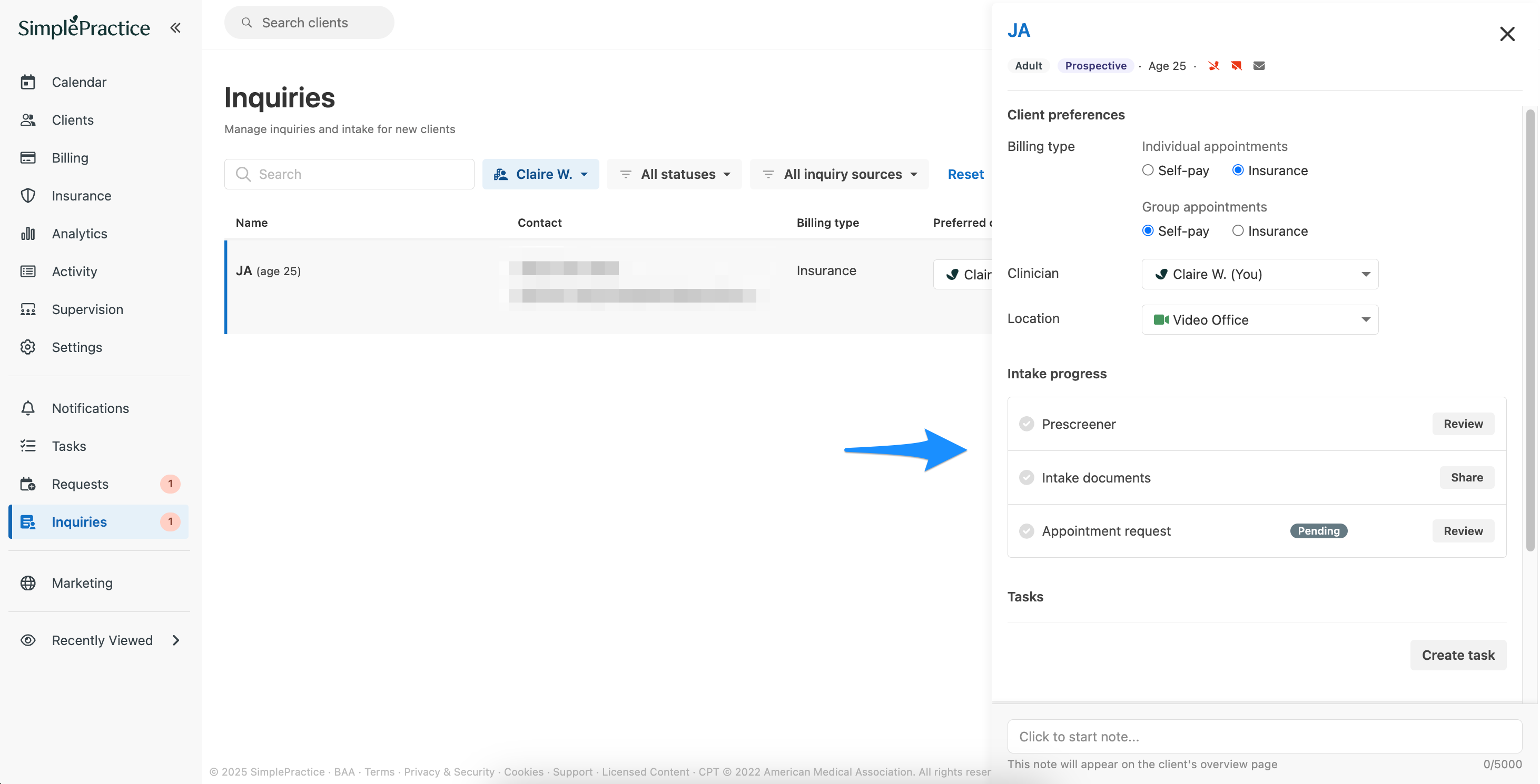 Inquiry flyout showing client preferences, intake progress checklist, and tasks sections