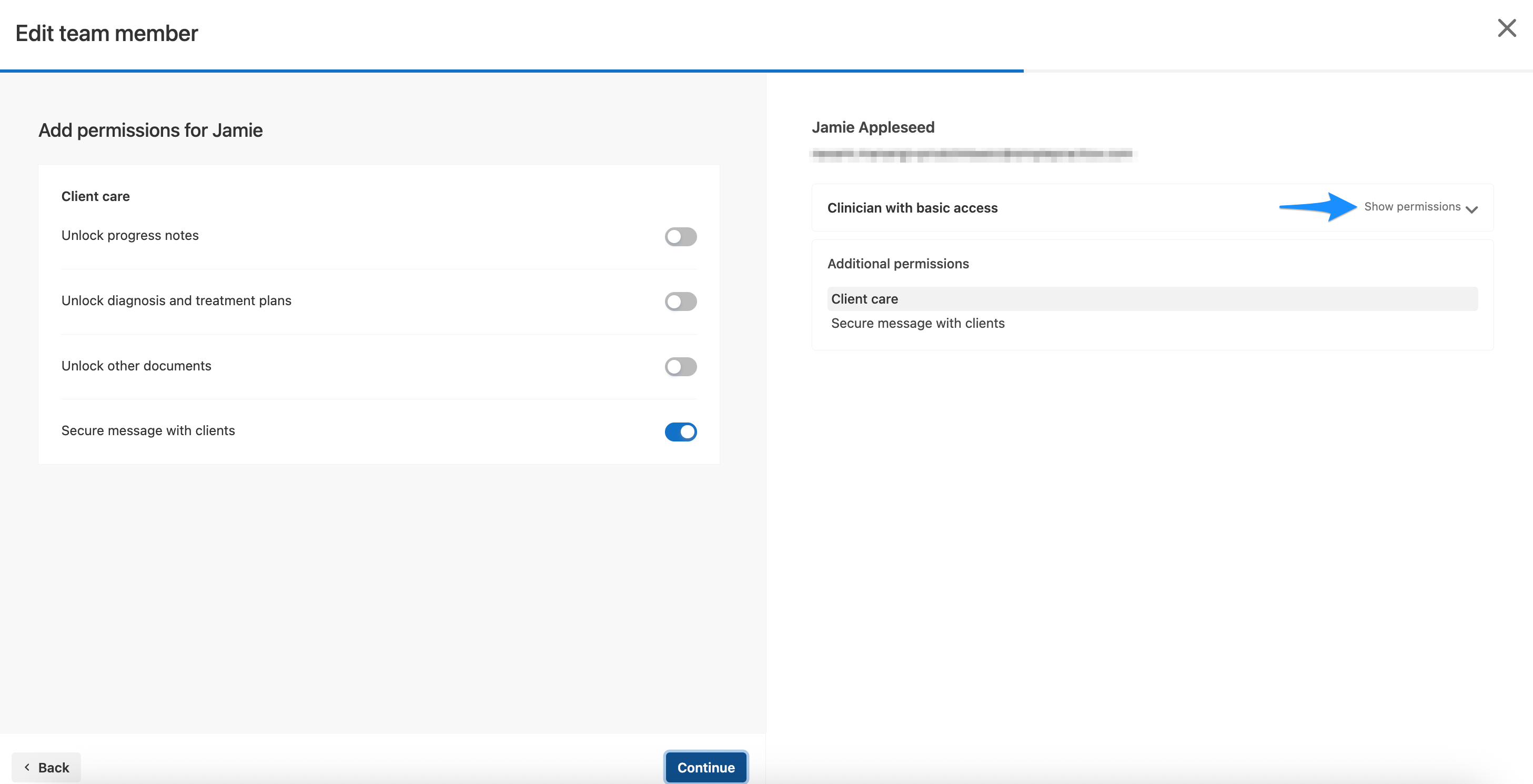 Permissions section showing Show permissions option and available permission toggles