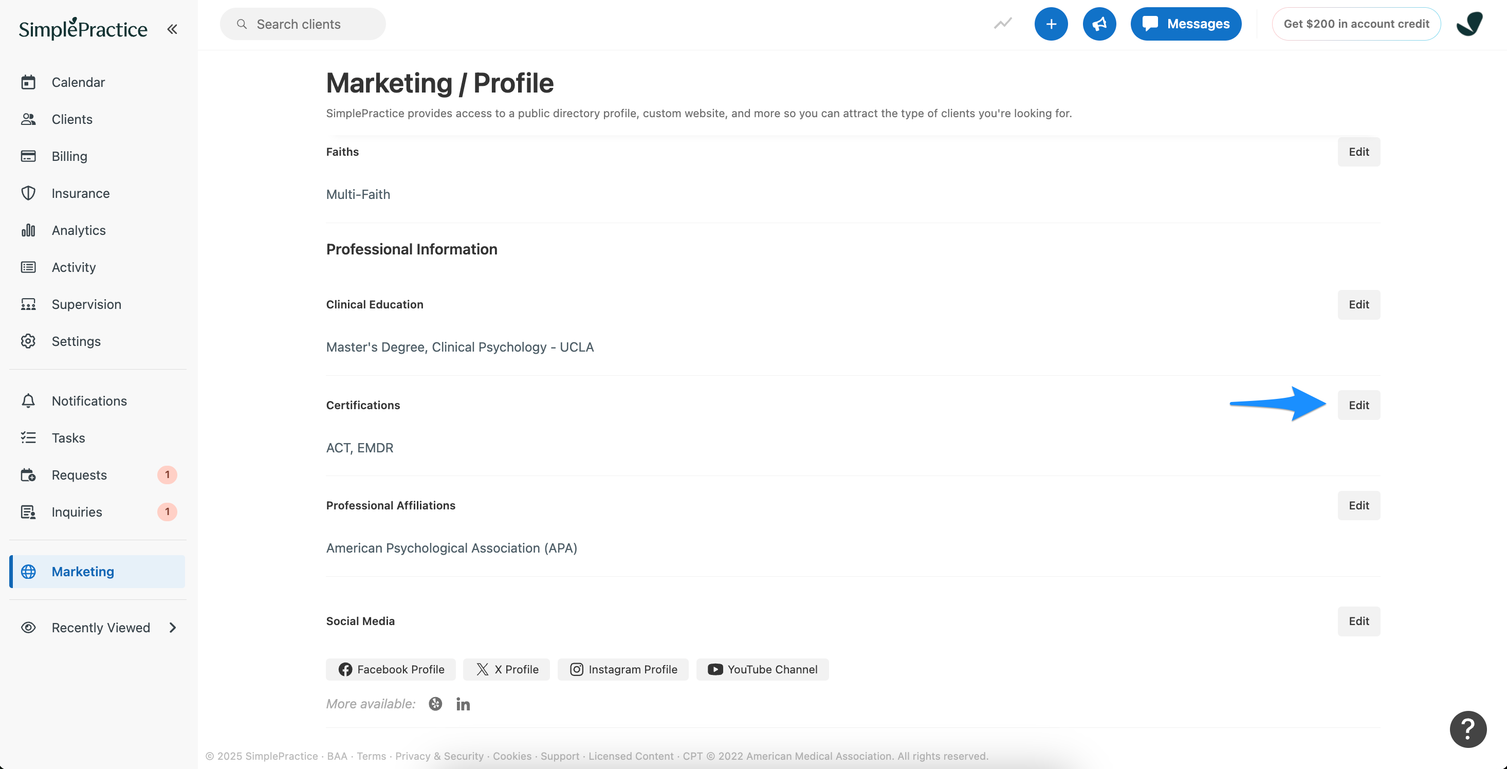 Professional Information section showing Edit options for Clinical Education, Certifications, and Professional Affiliations