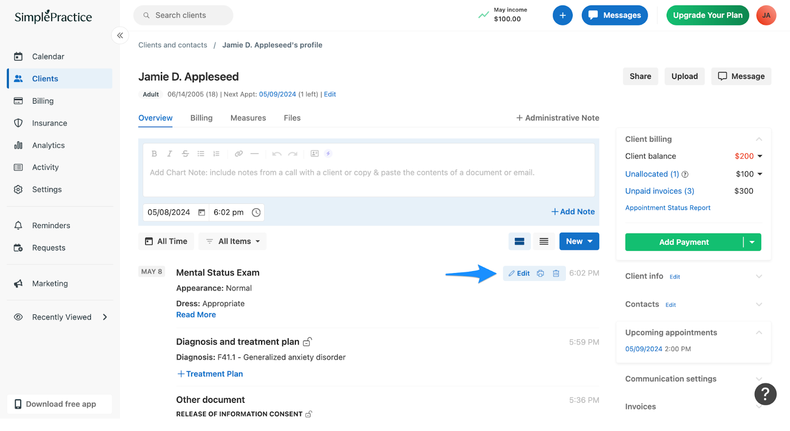 Editing or printing a mental status exam from the client Overview page