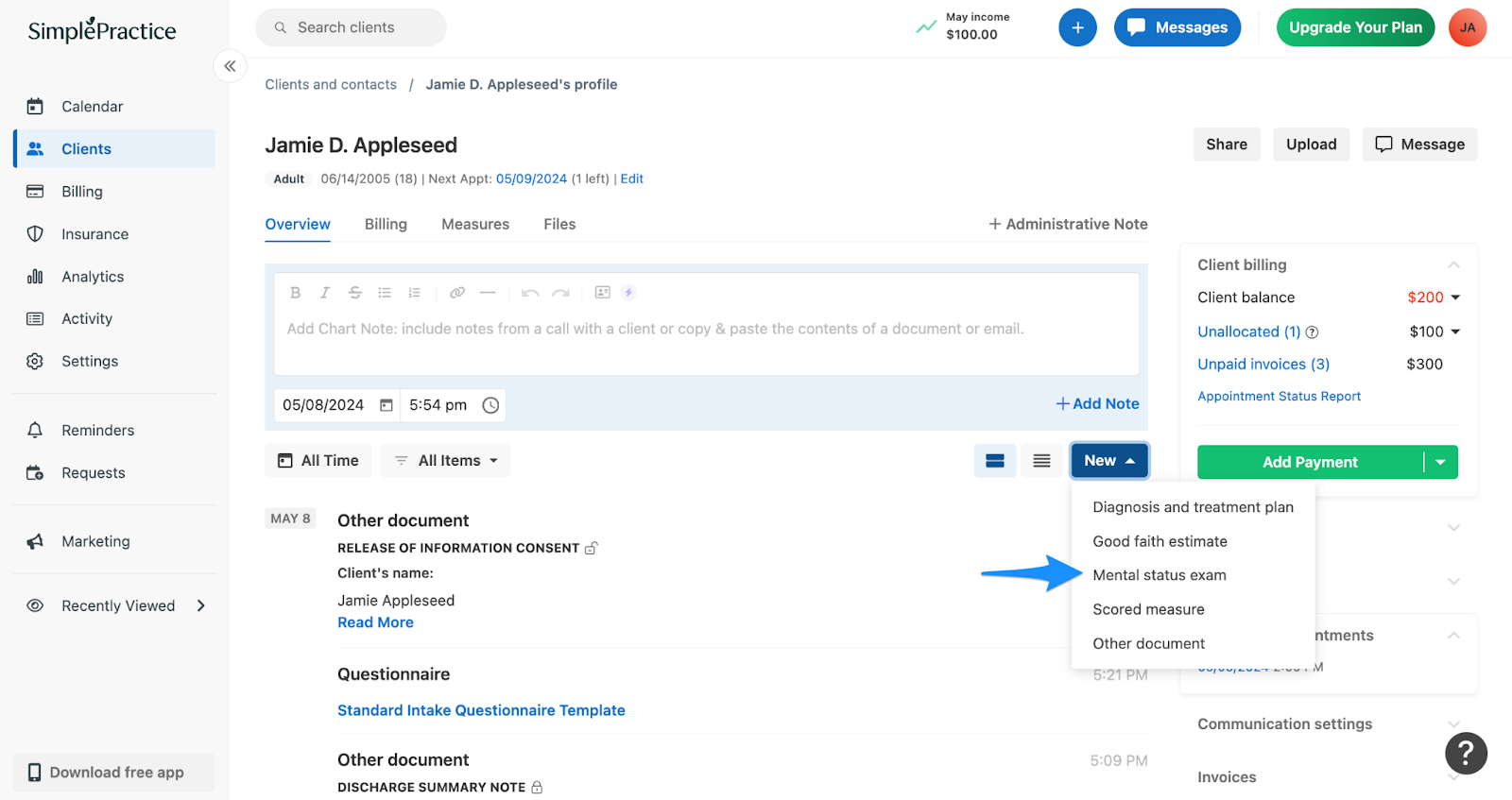  Mental status exam in the client Overview page