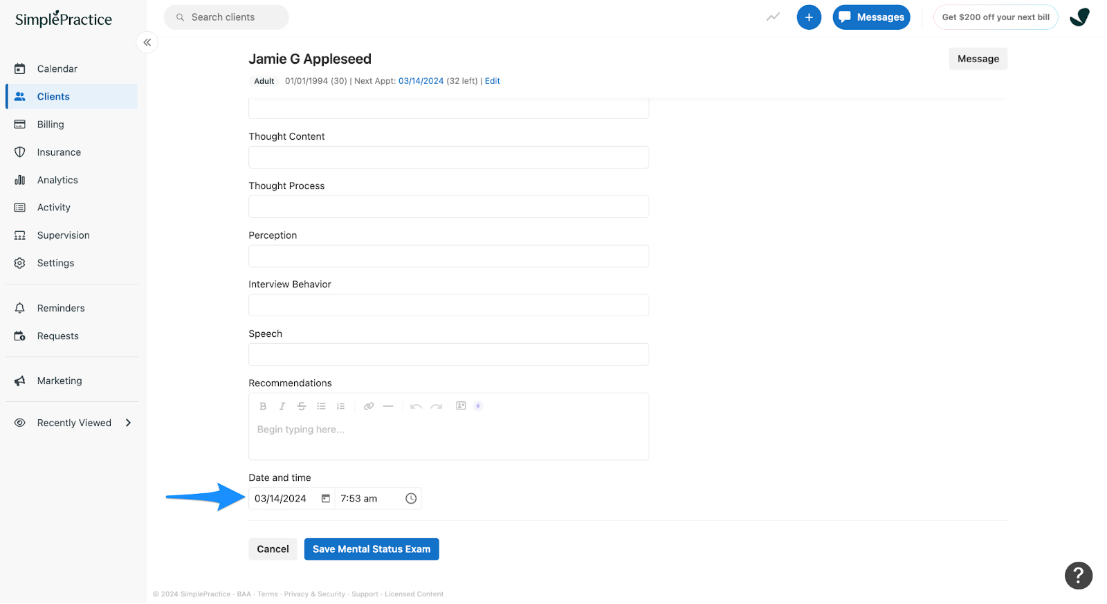 Adjusting date and time on a mental status exam