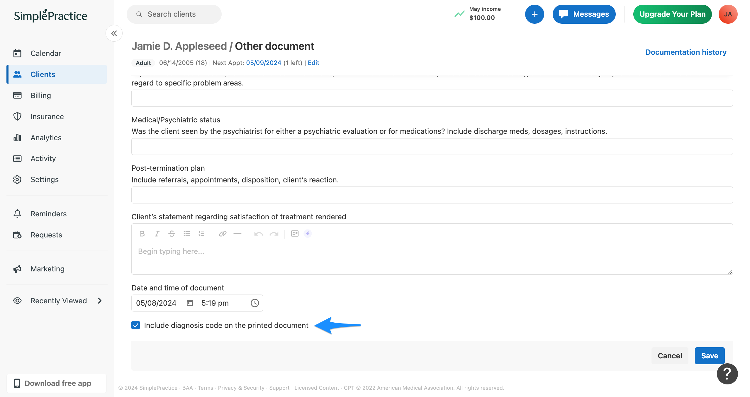 Other document form with Include diagnosis code on the printed document checkbox selected