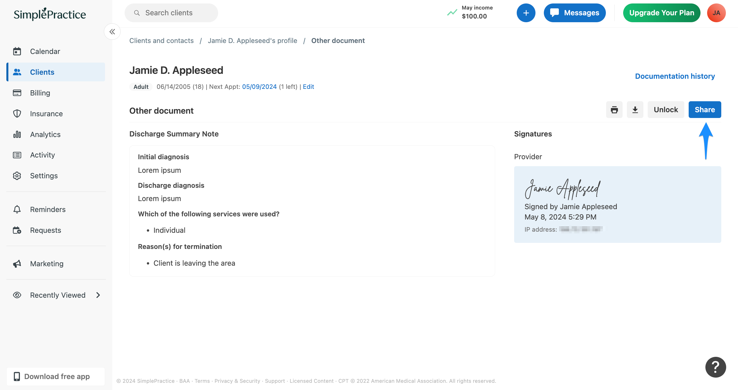 Other document with Share button highlighted