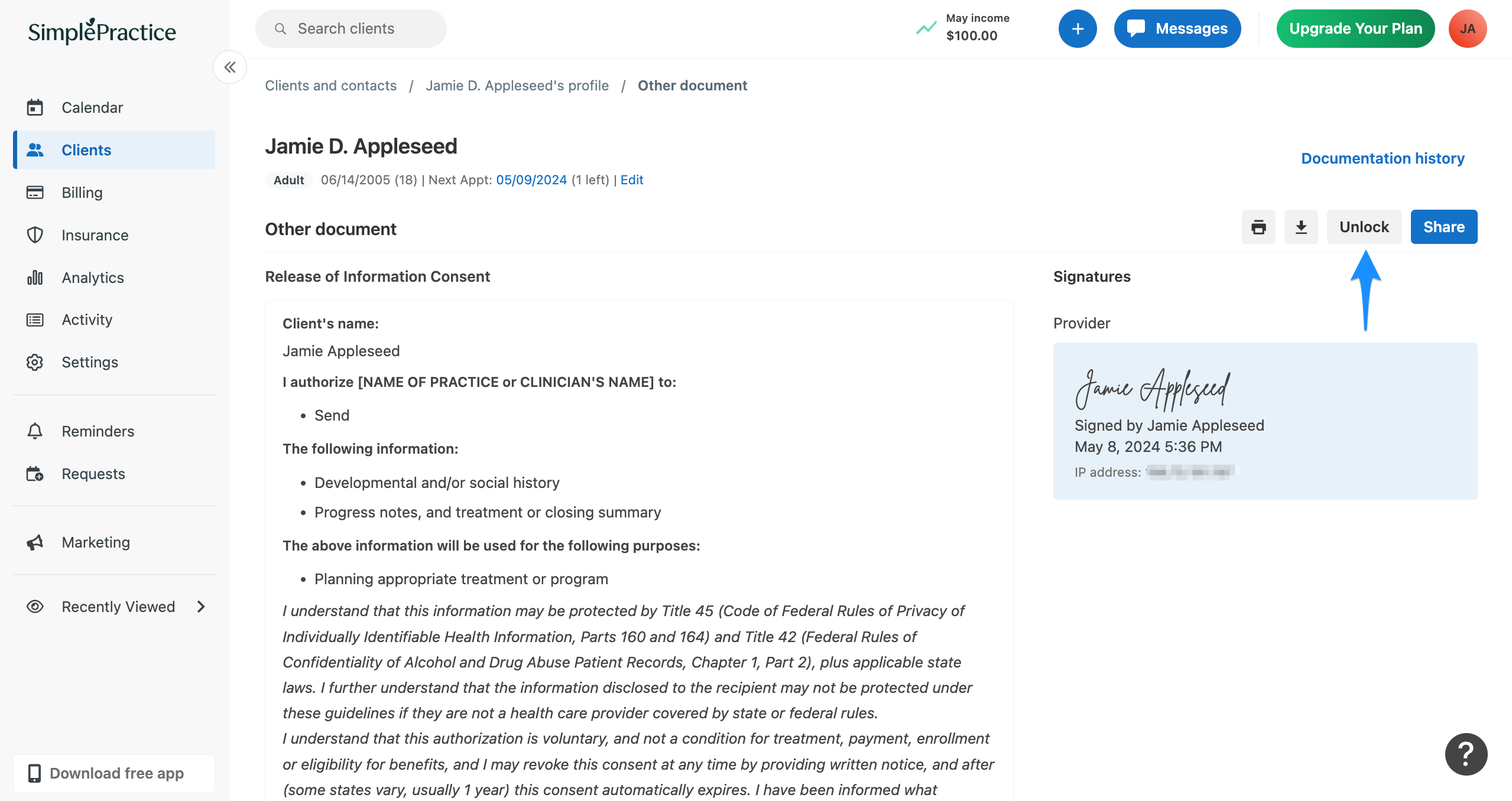 Locked other document with Unlock button highlighted