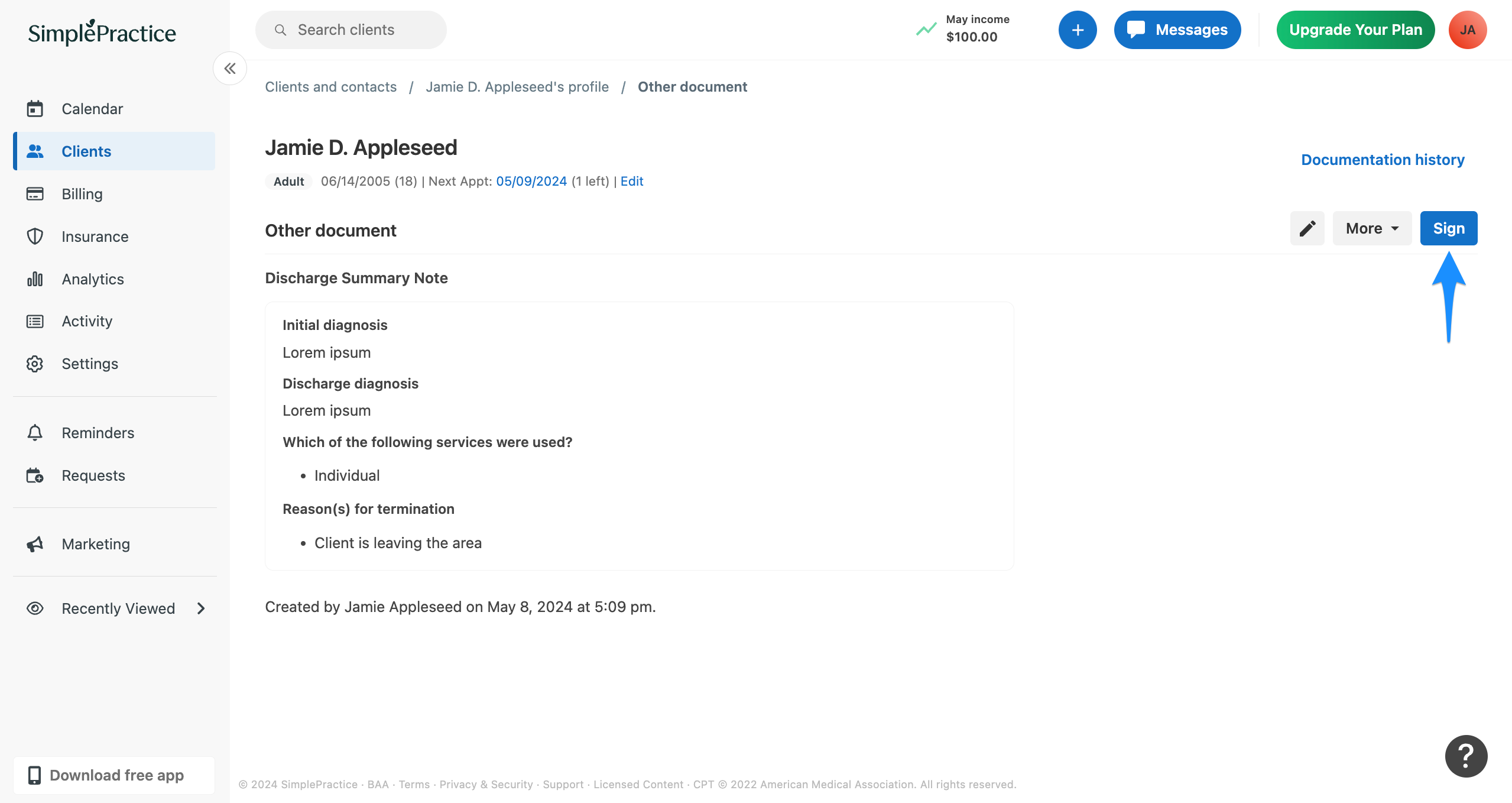 Other document with Sign button highlighted