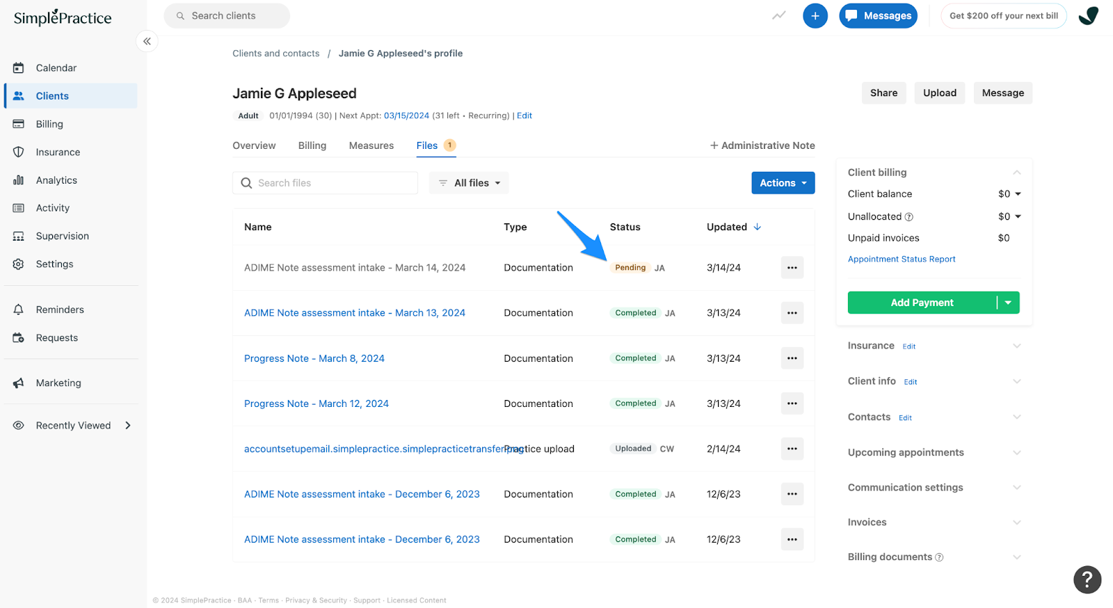 Client Overview Files tab showing document status for e-signature