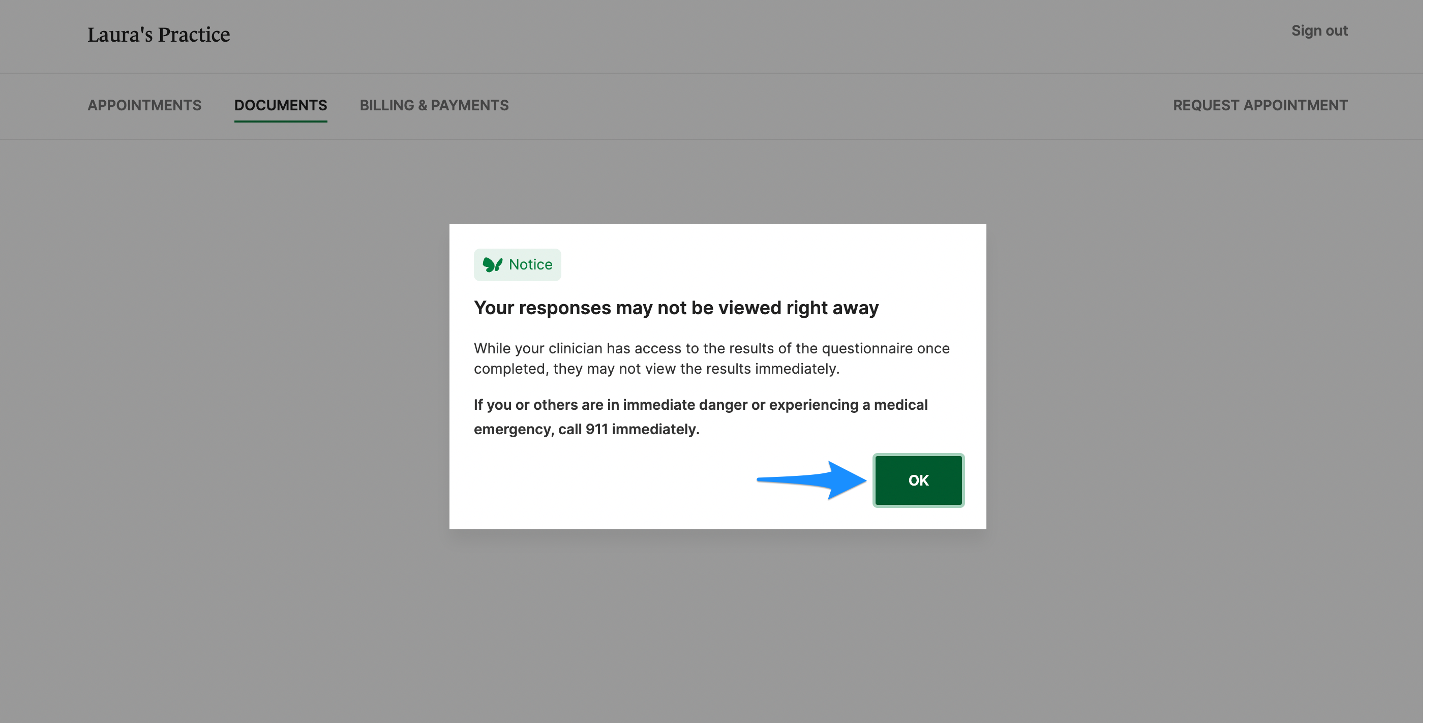Client Portal modal shown after a high-risk response on a scored measure