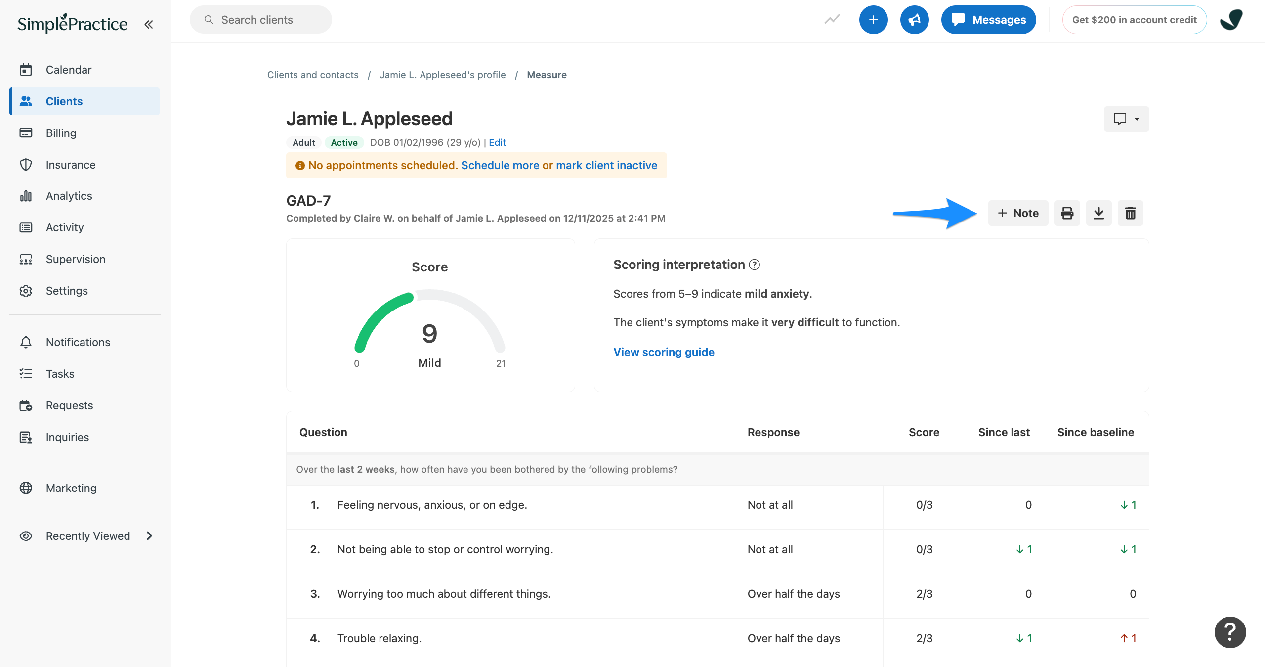 Options when viewing a completed scored measure