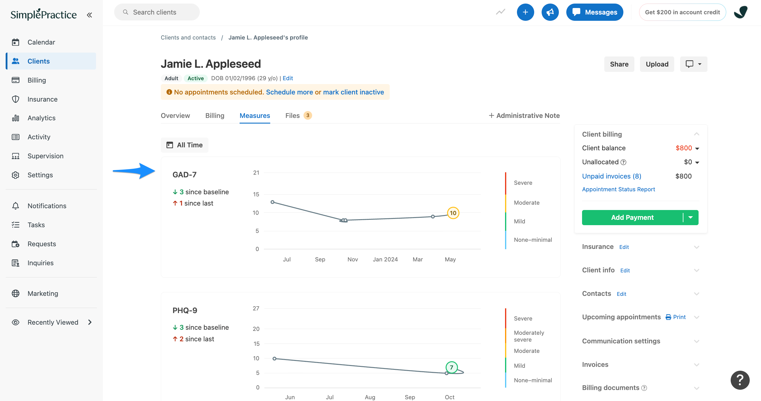 GAD-7 graph with all scores under Measures tab