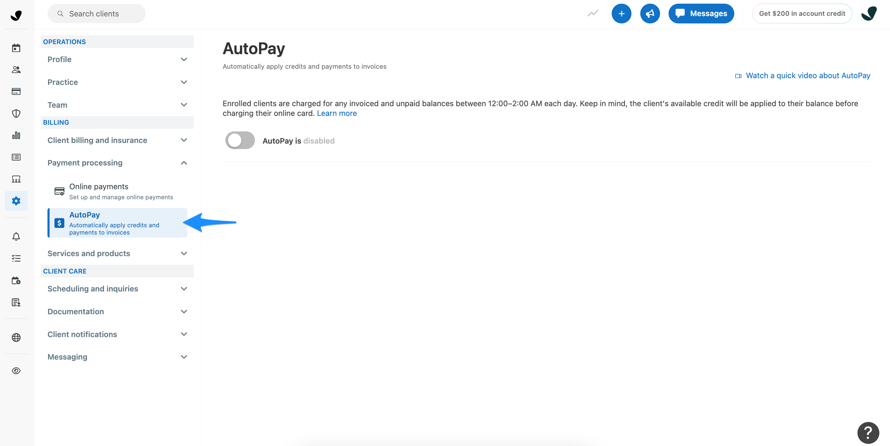 AutoPay settings page in SimplePractice