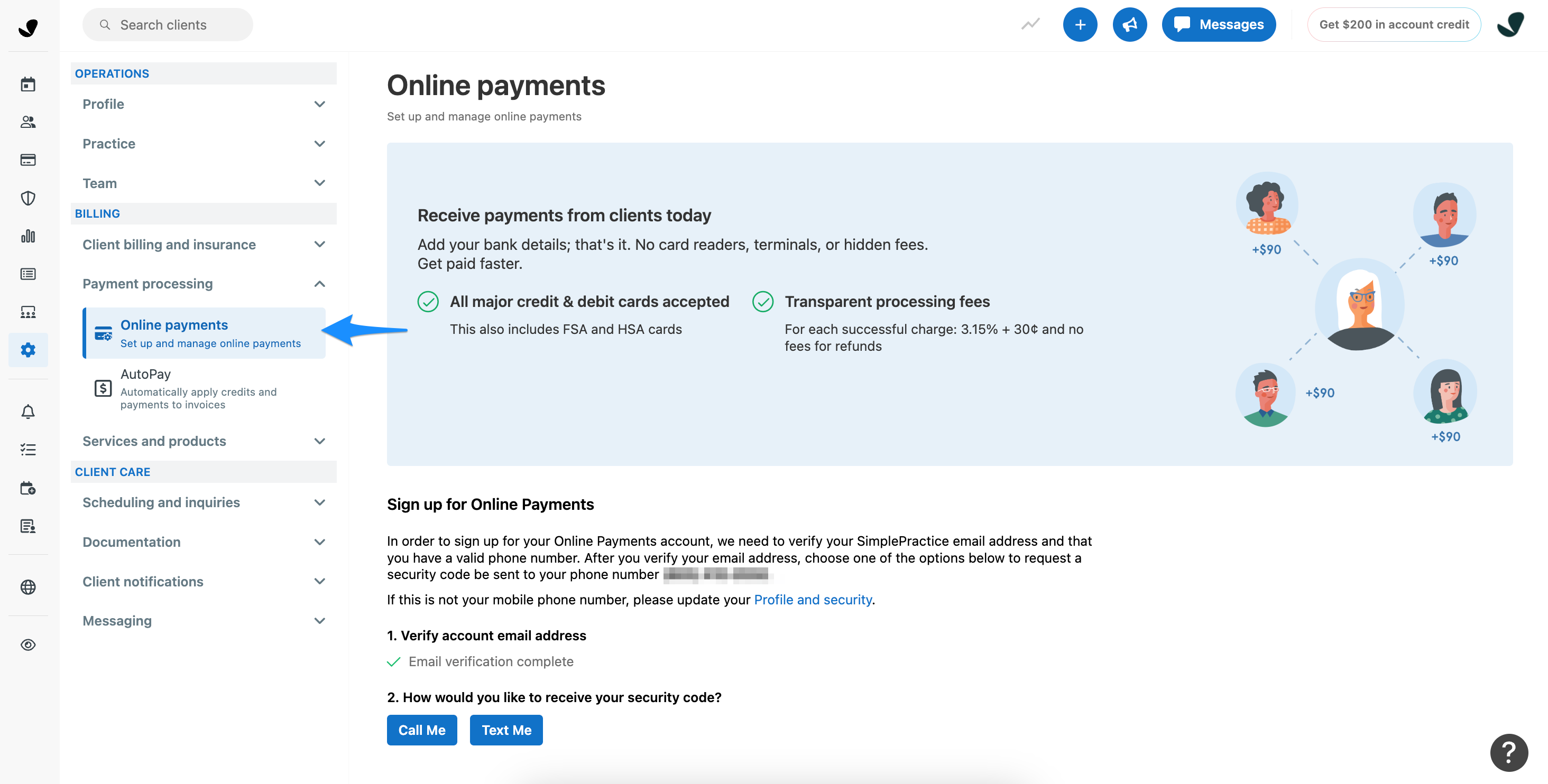 Online payments settings page in SimplePractice