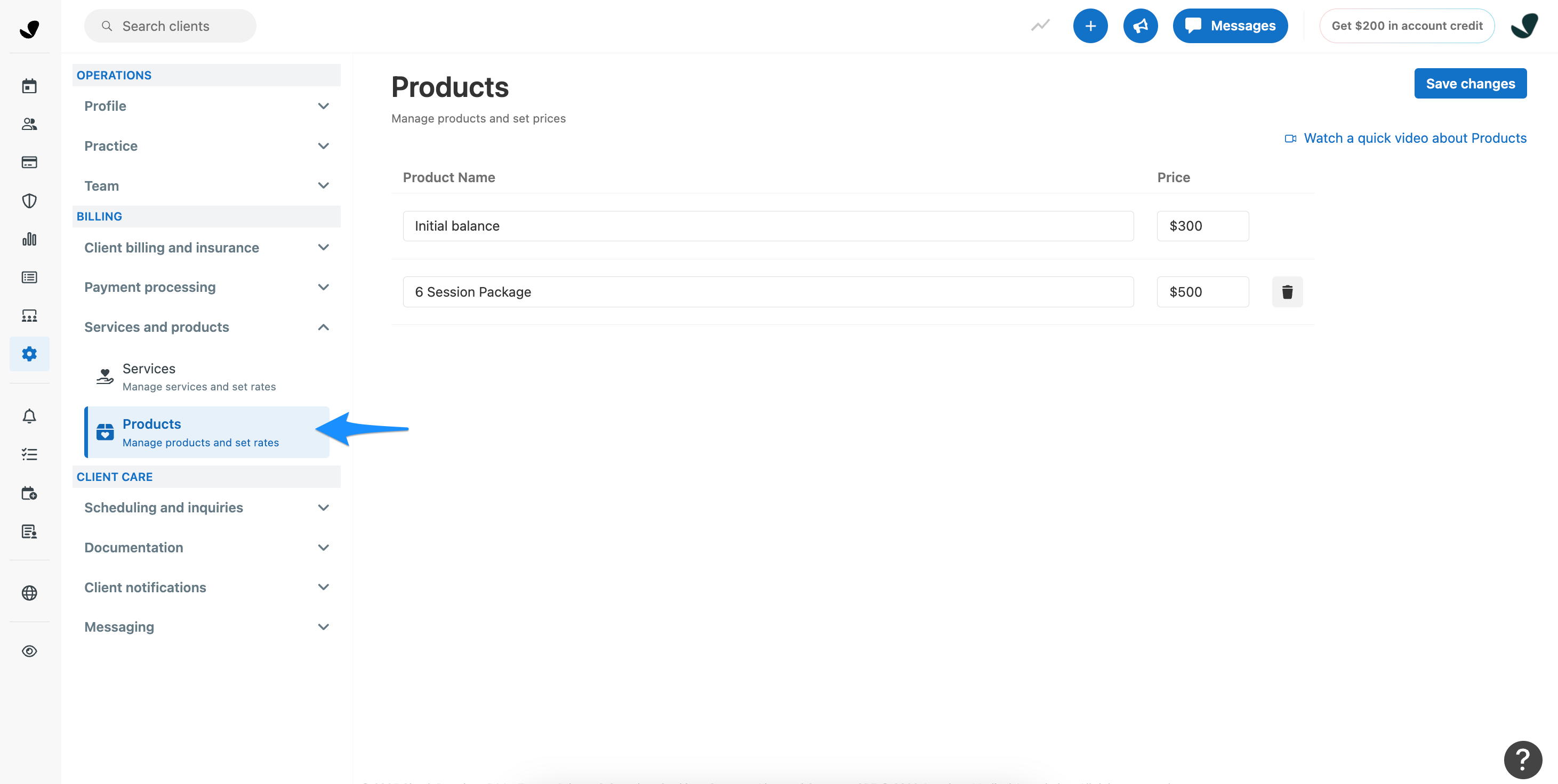 Products settings page in SimplePractice