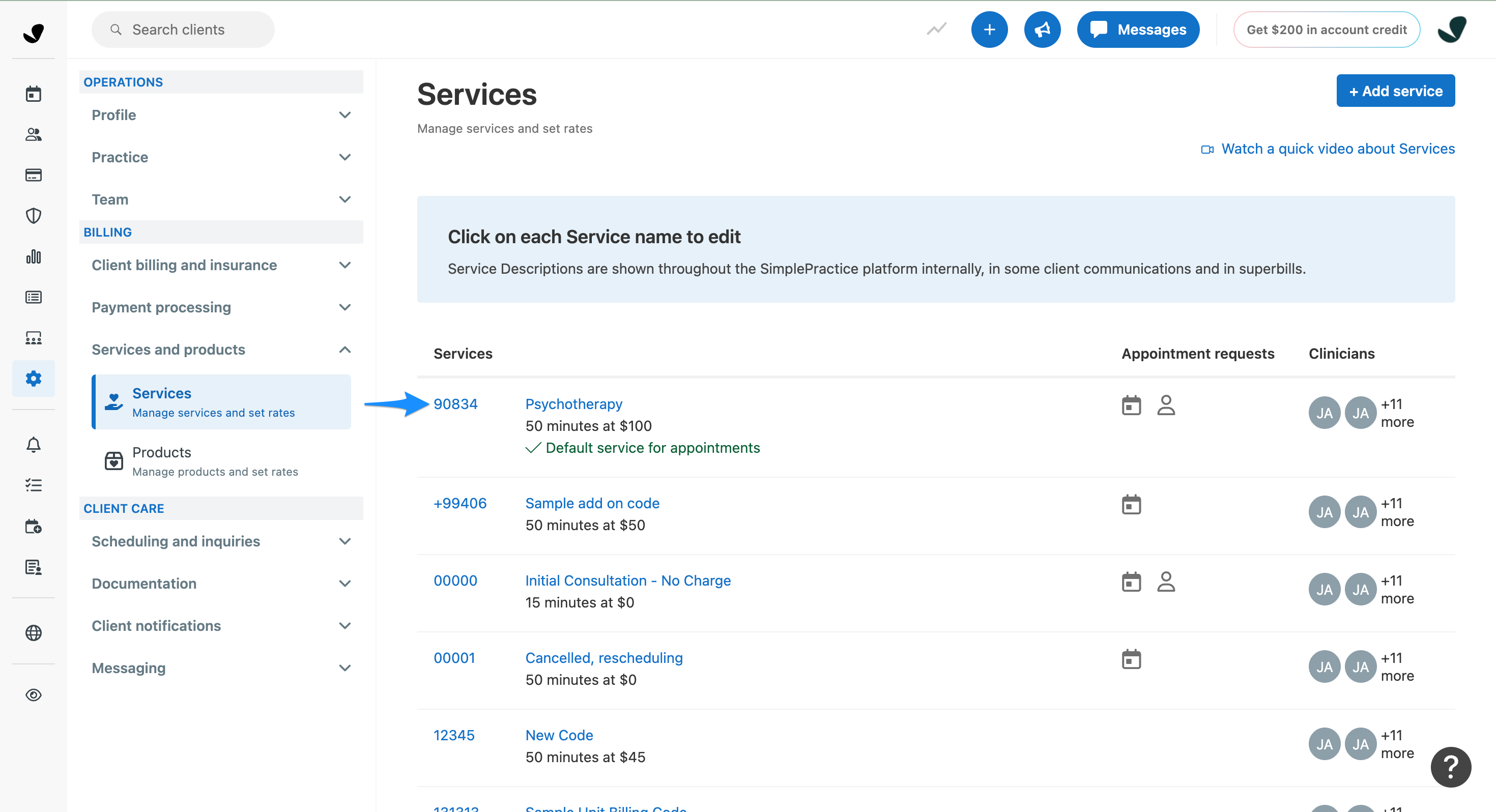 Service details page with service selected in SimplePractice