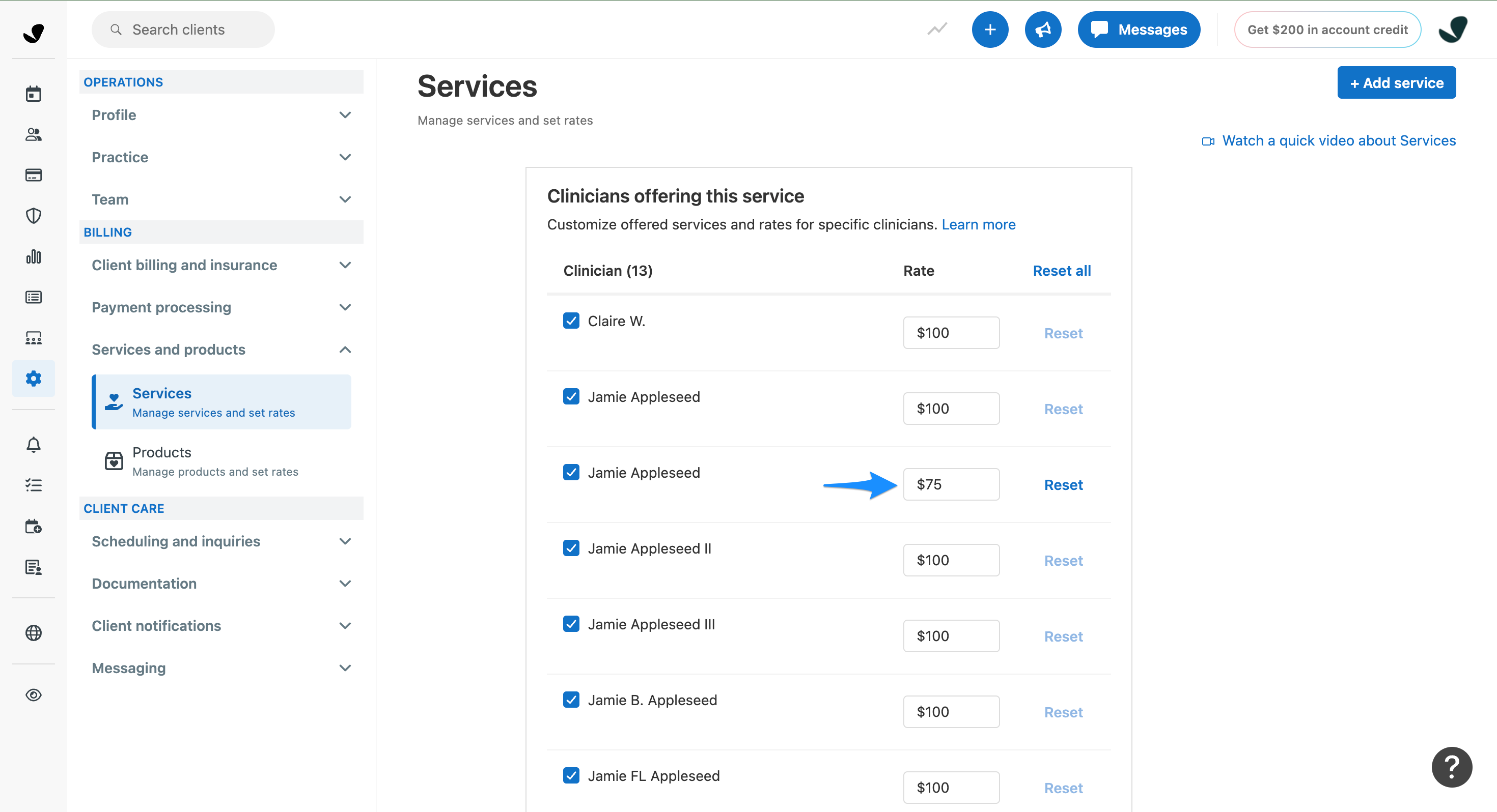 Adjusting clinician-specific rates for a service in SimplePractice