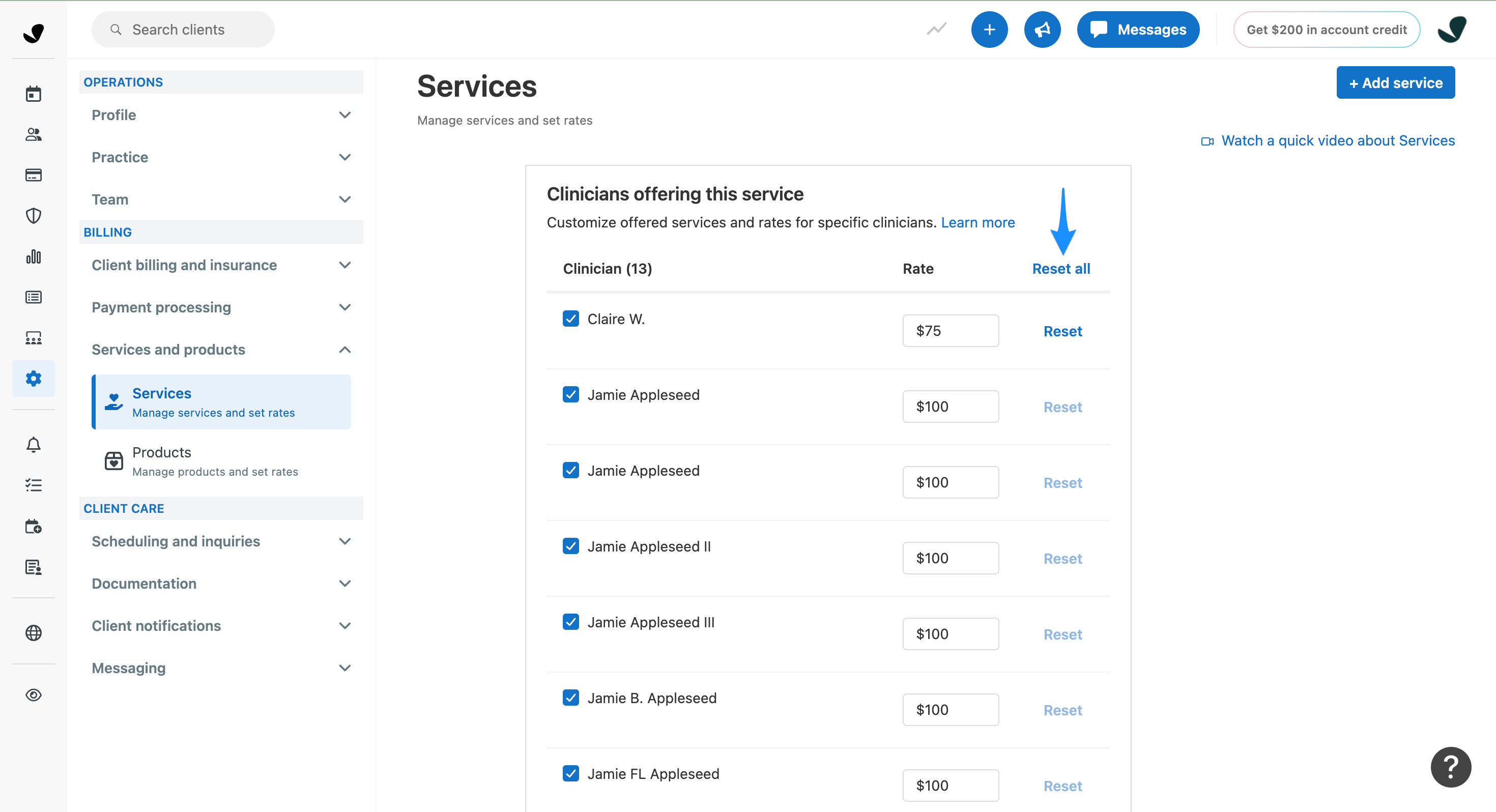 Reset all clinician rates option in SimplePractice