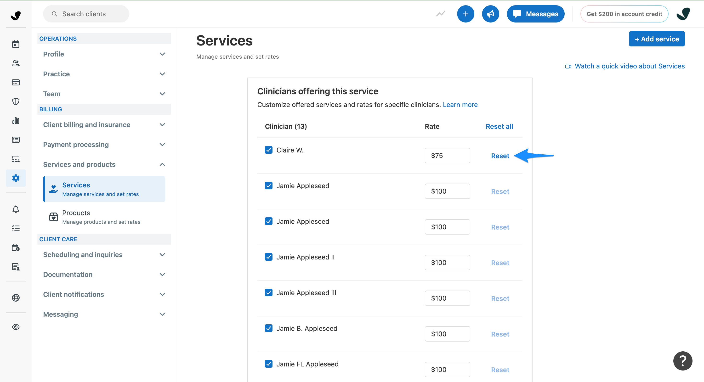 Reset individual clinician rate option in SimplePractice