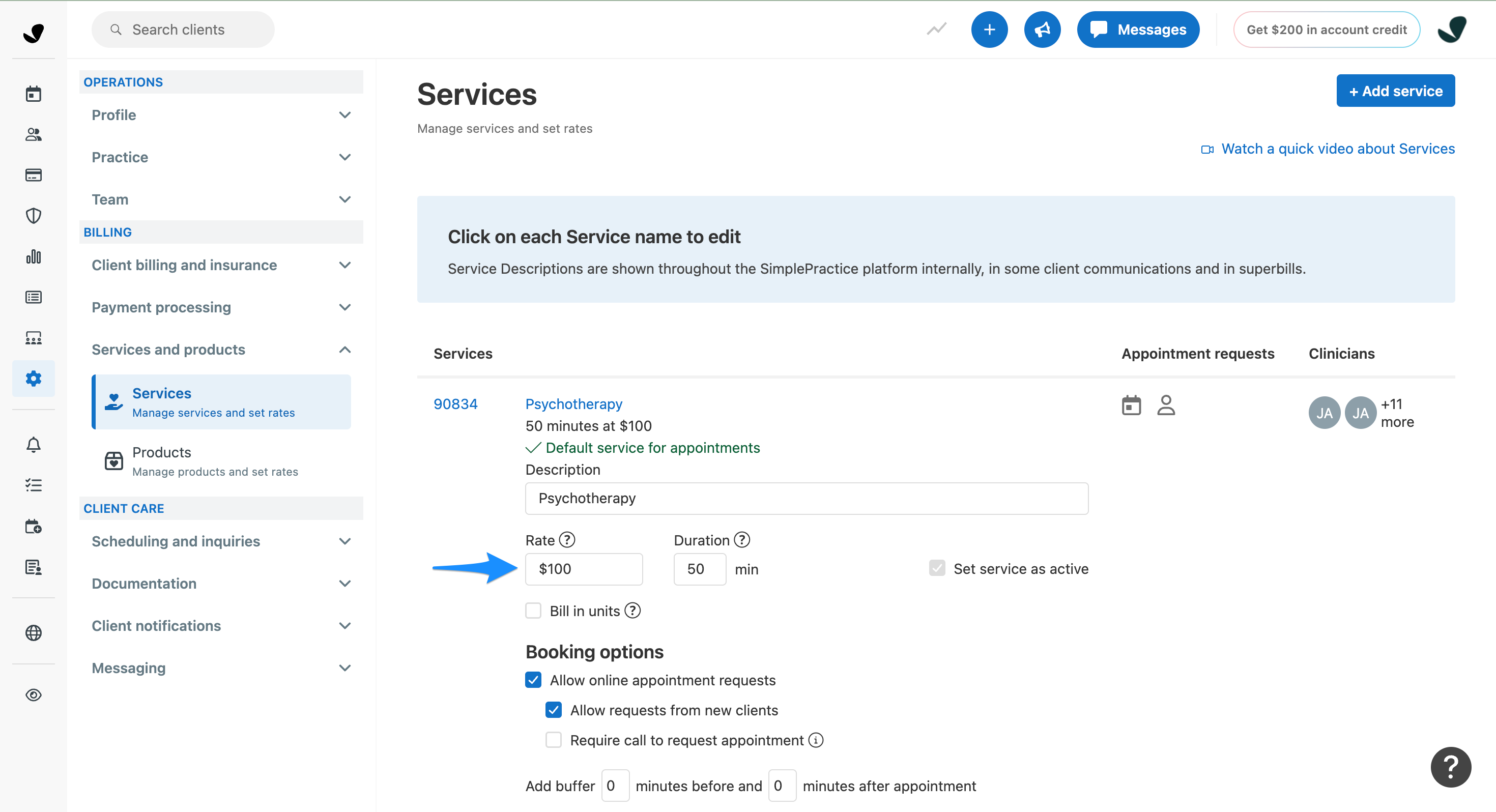 Default rate shown in Services settings in SimplePractice