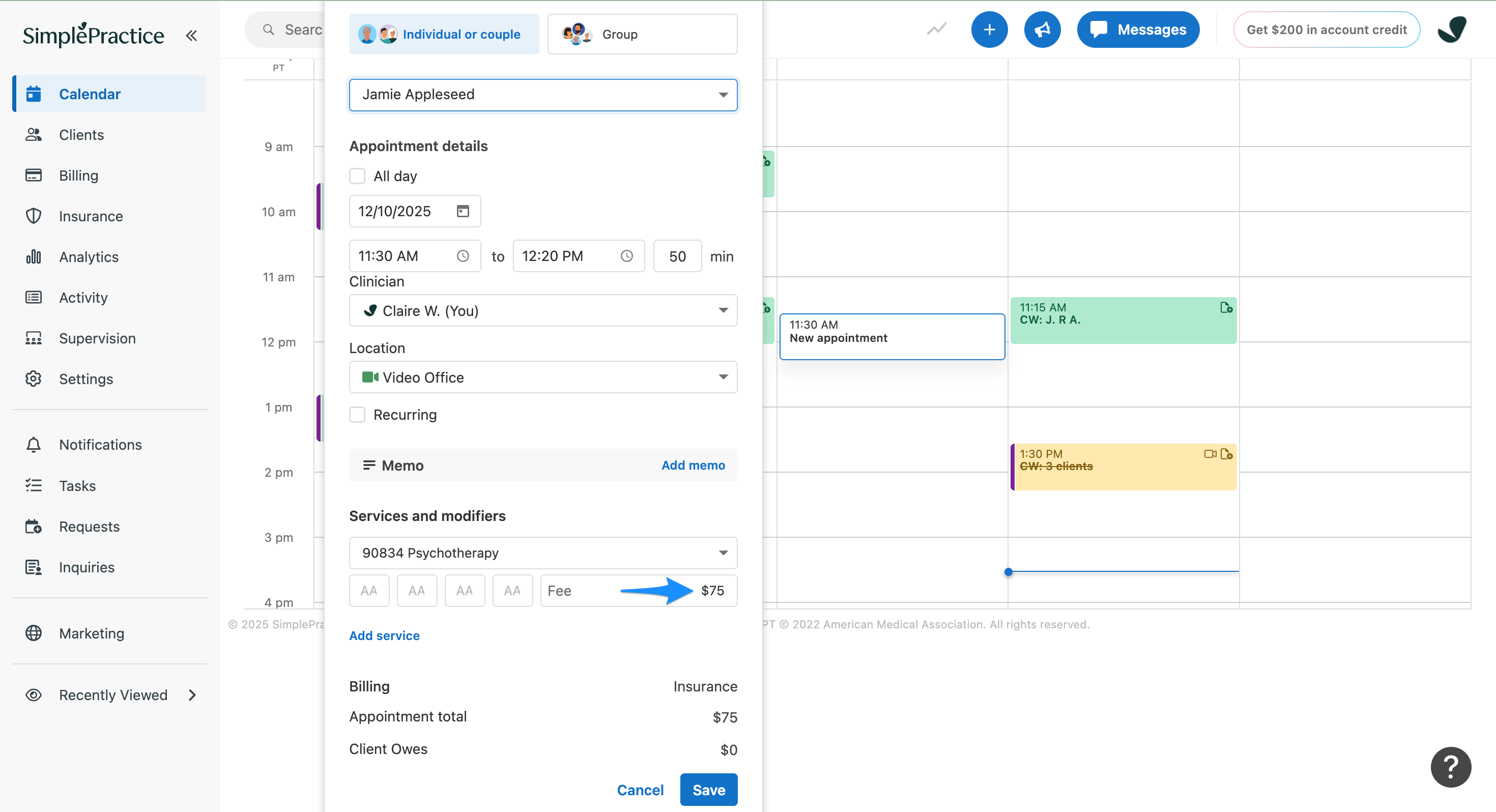 New appointment screen showing default rate applied in SimplePractice