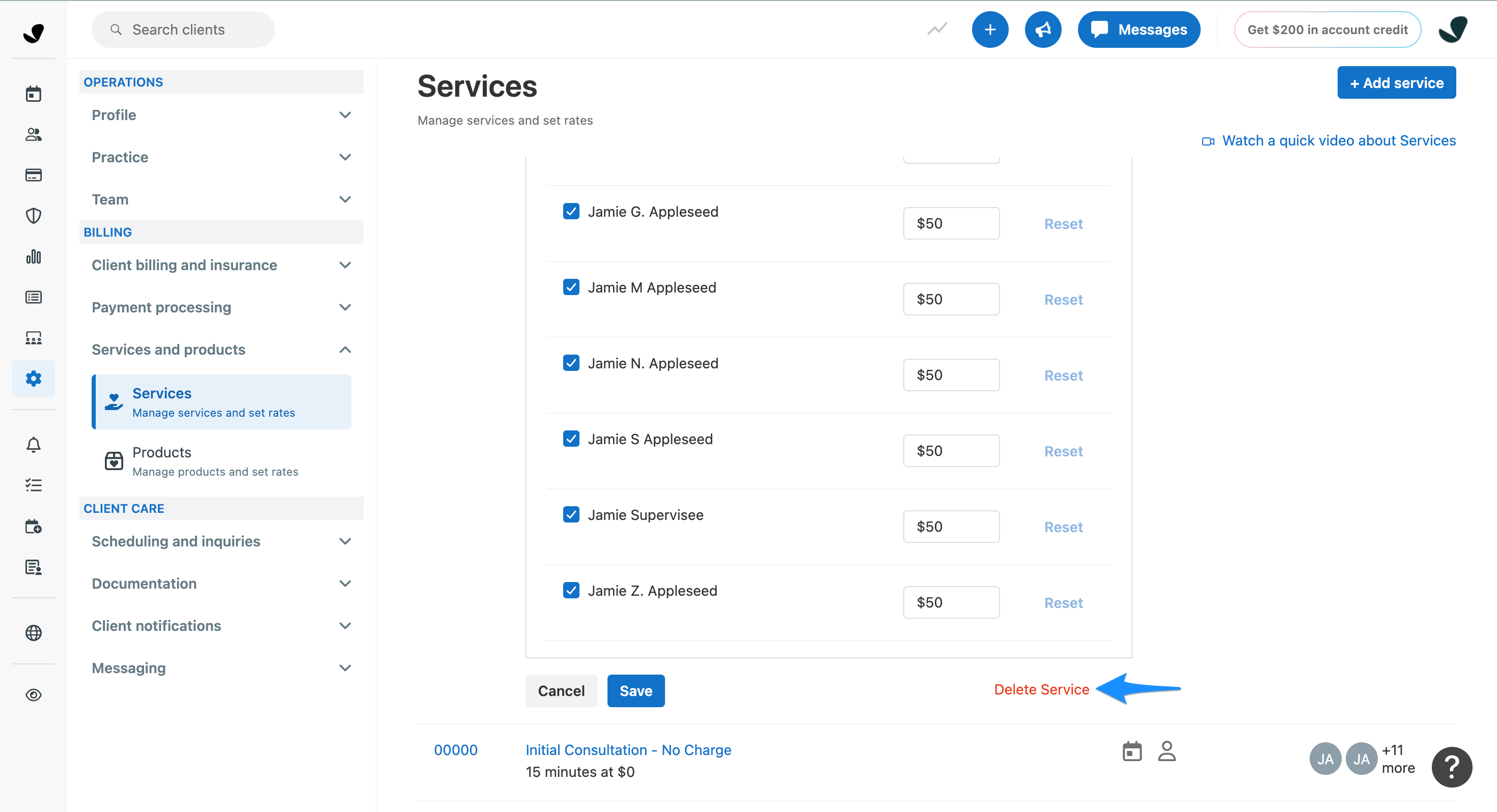 Delete service option for a custom service code in SimplePractice