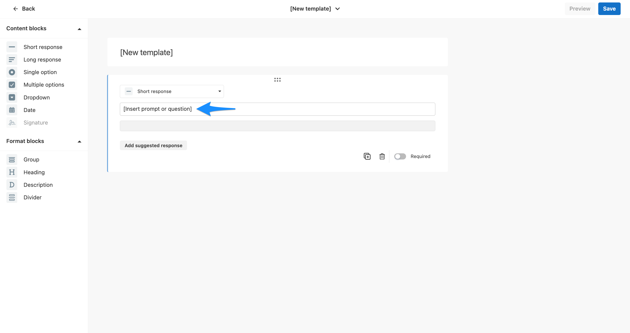 Content block showing the Insert prompt and question field