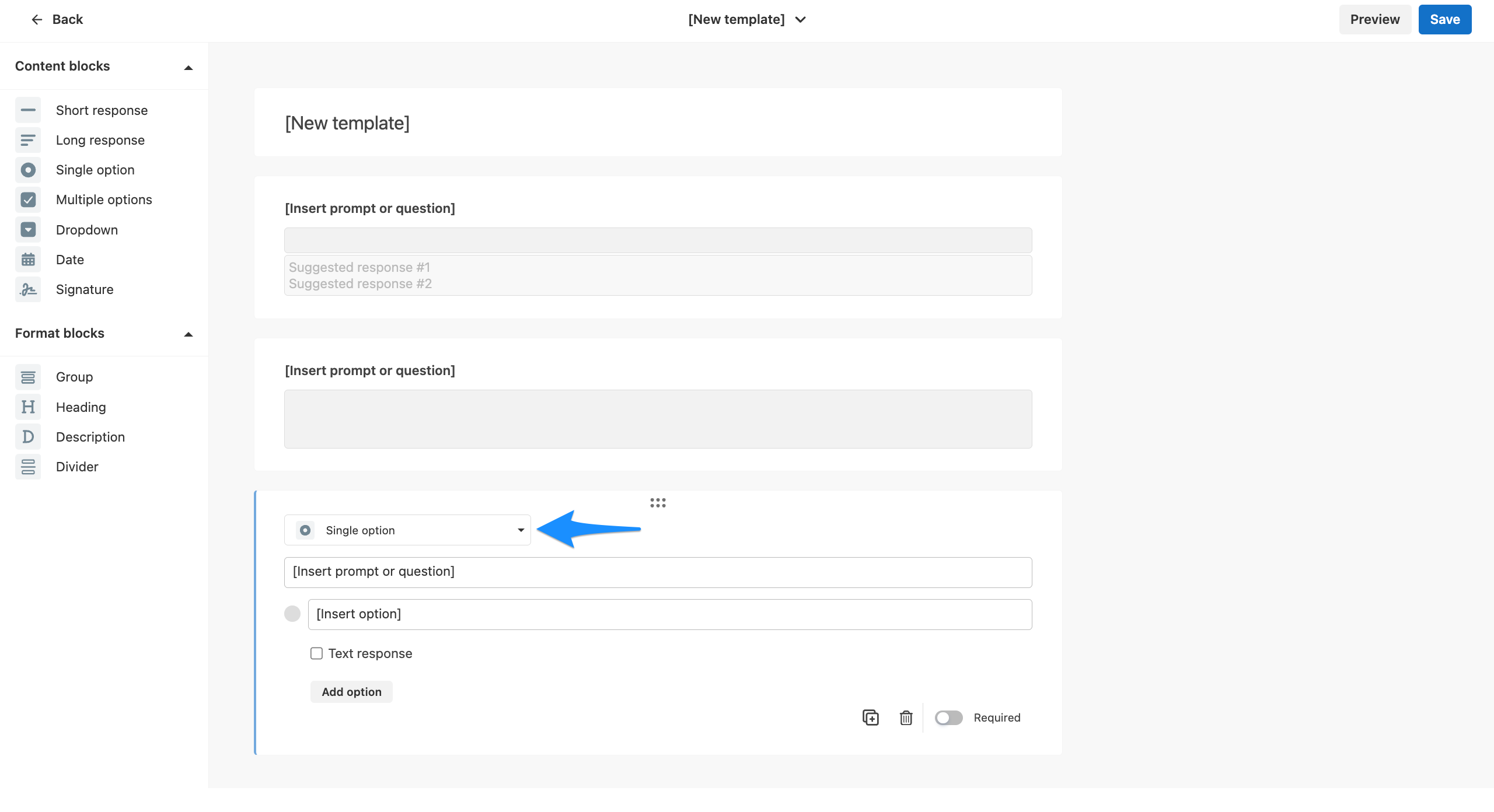 Block type dropdown menu in the template builder