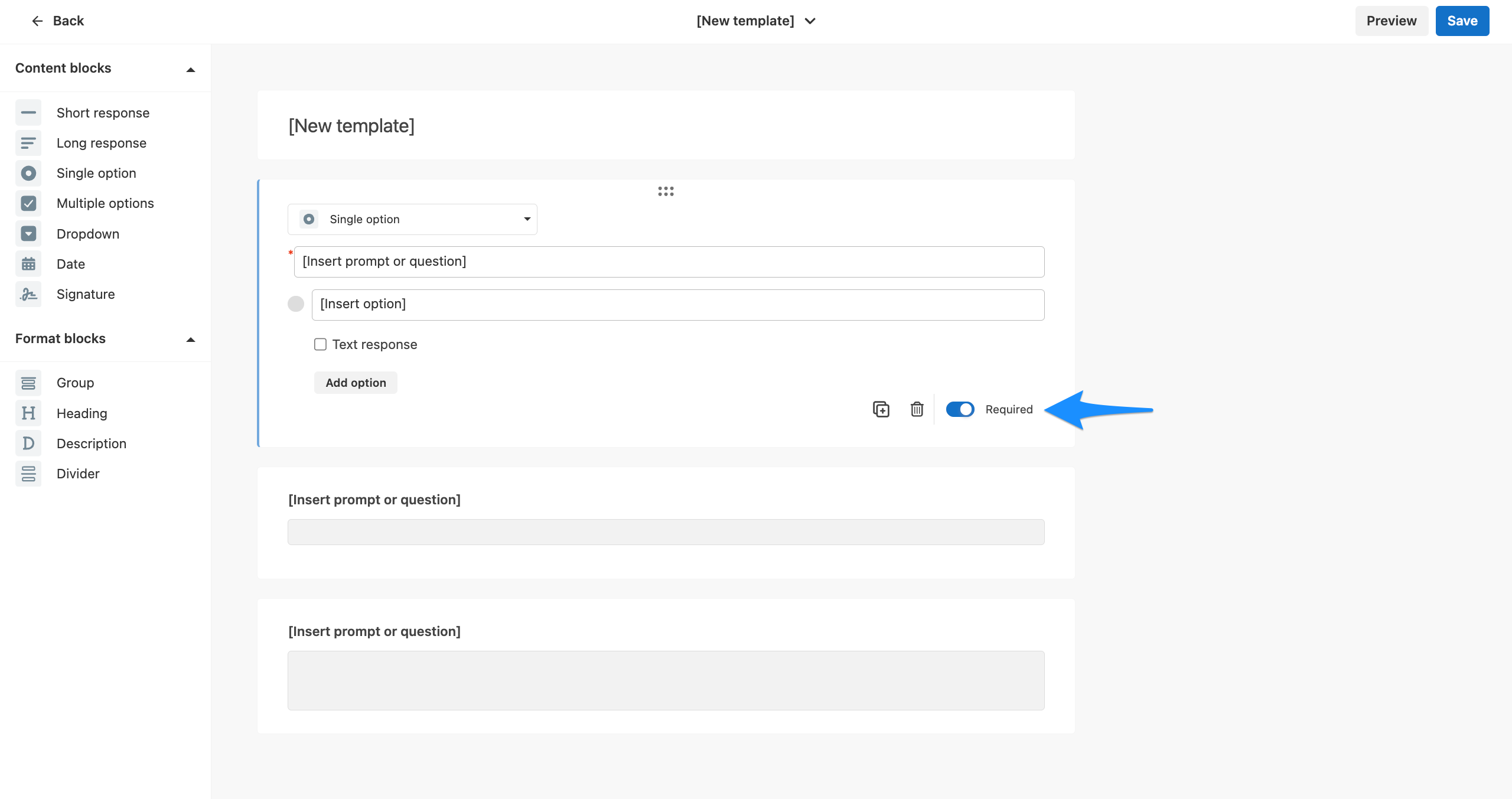 Block settings showing the Required toggle enabled