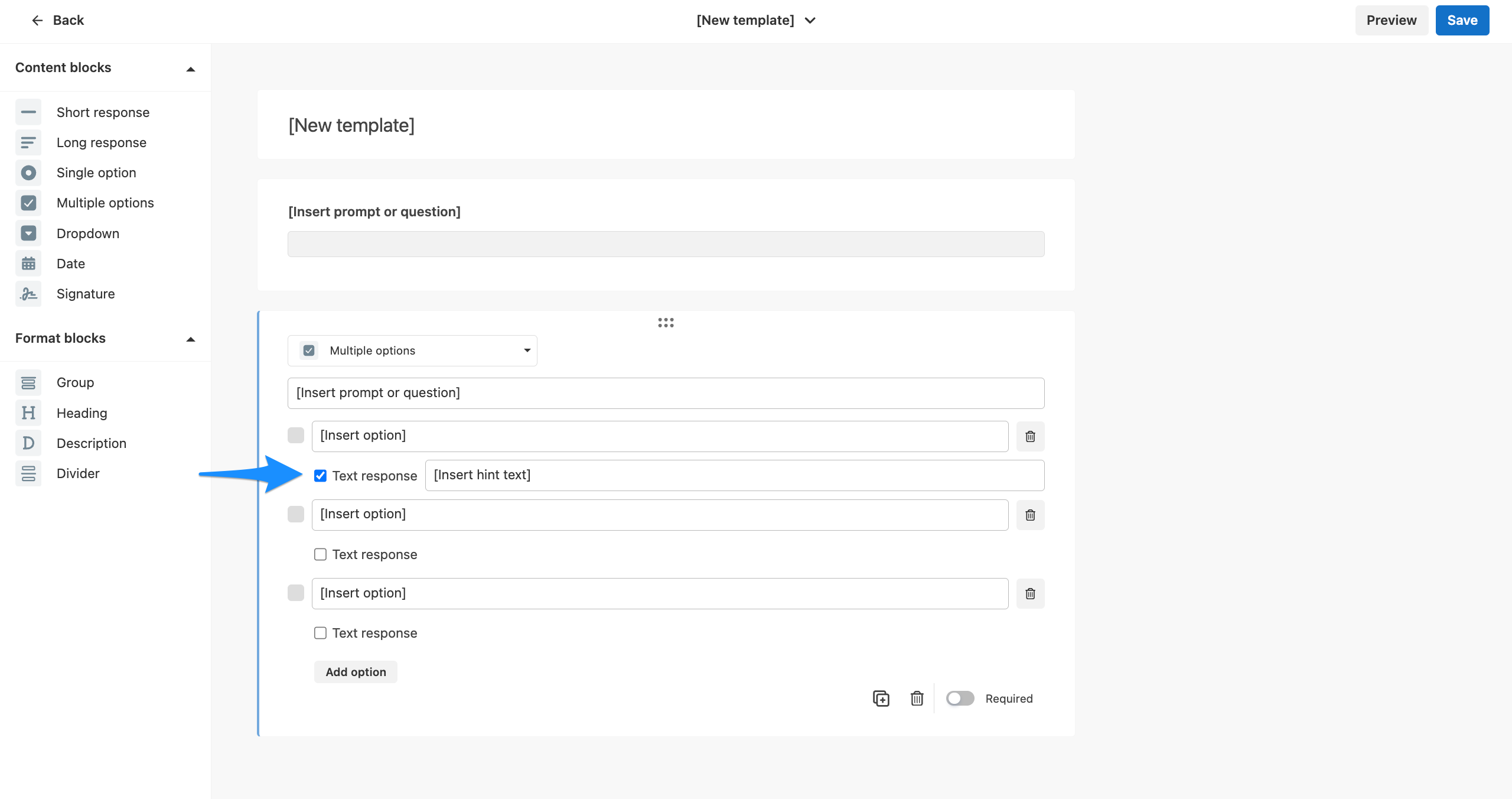 Option with Text response enabled and hint text field visible