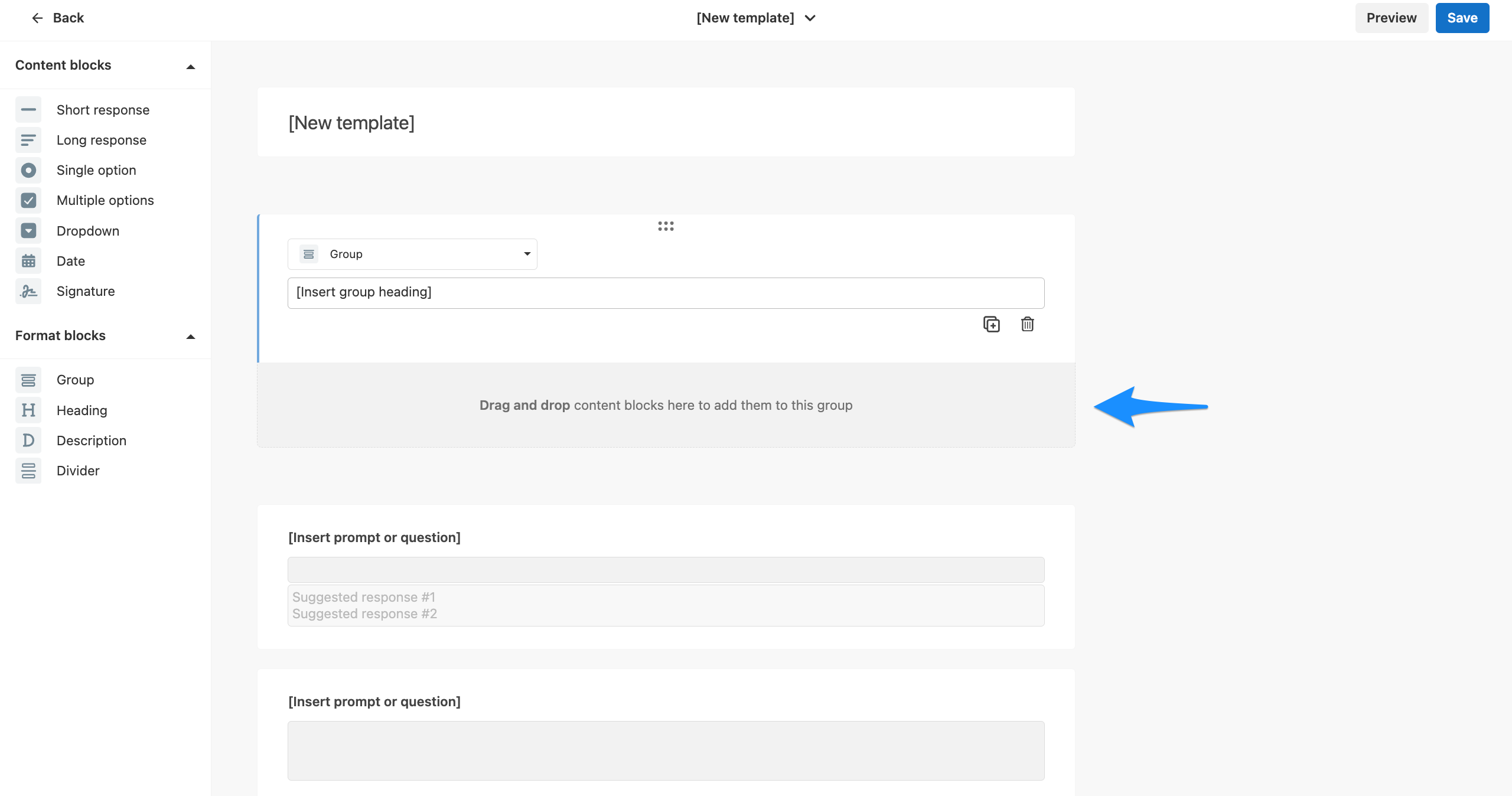 Template builder showing a Group block with the grouped area highlighted