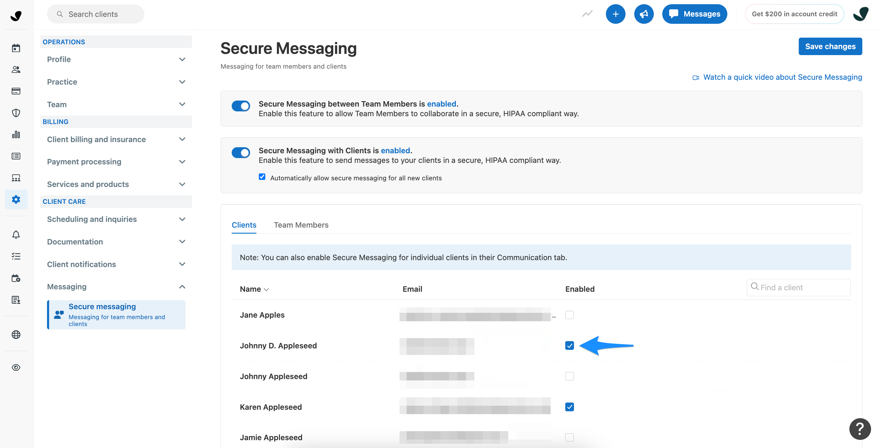 Team members Secure Messaging settings page with Enabled checkboxes