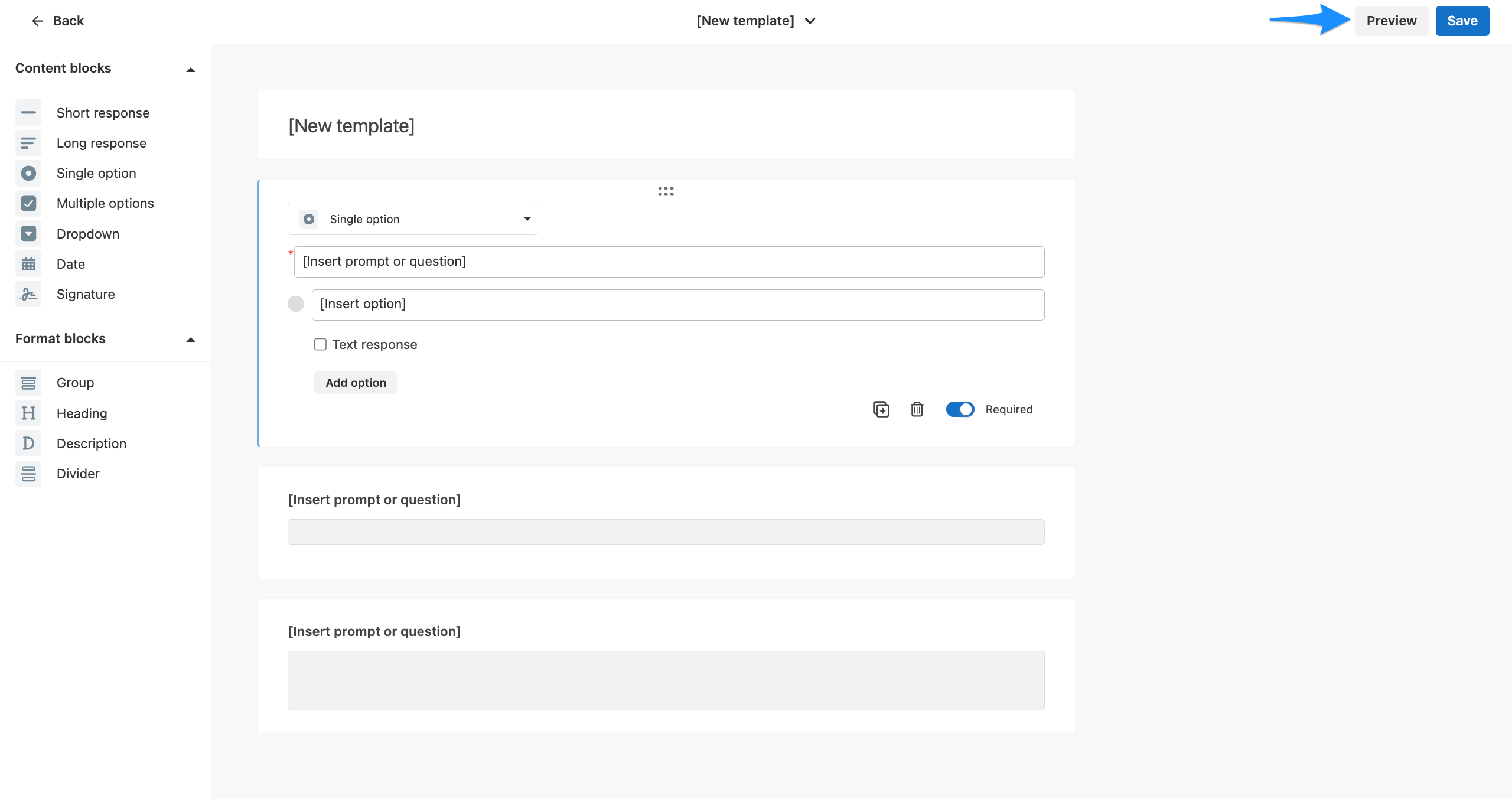 Template builder showing the Preview button for a template