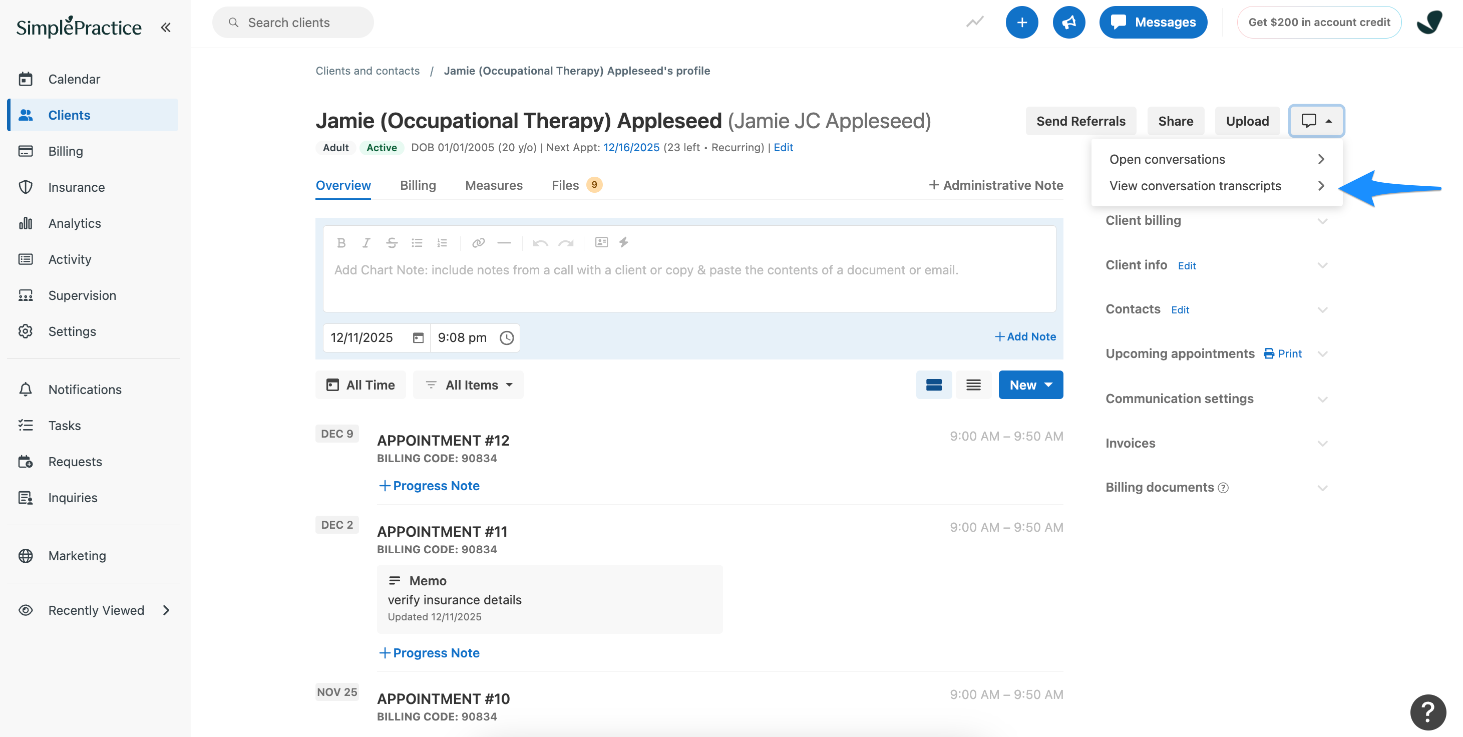 Messages panel showing View conversation transcripts option