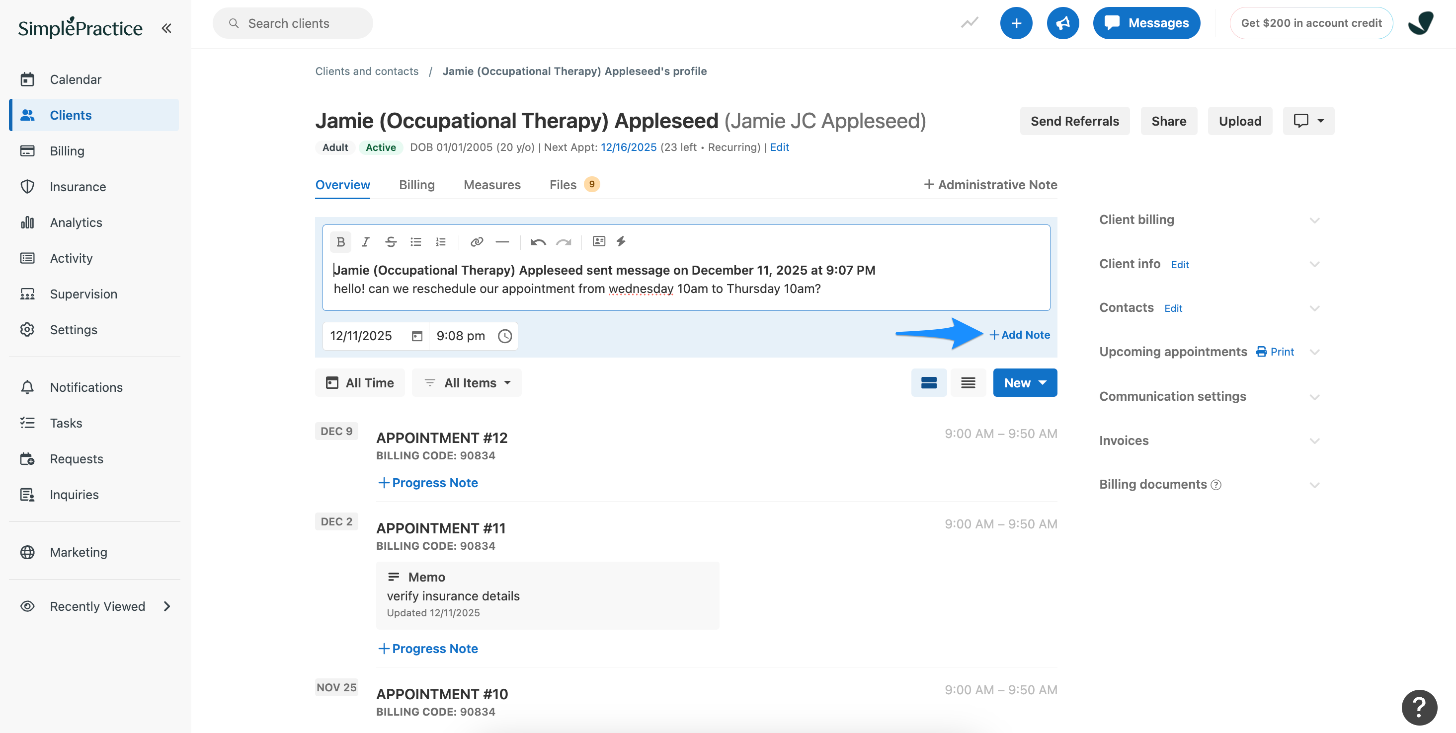 Add Chart Note window showing pasted message content